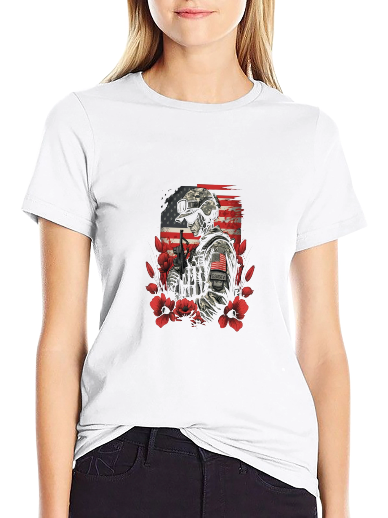 Patriotic Soldier Graphic Tee - American Flag Flower Design