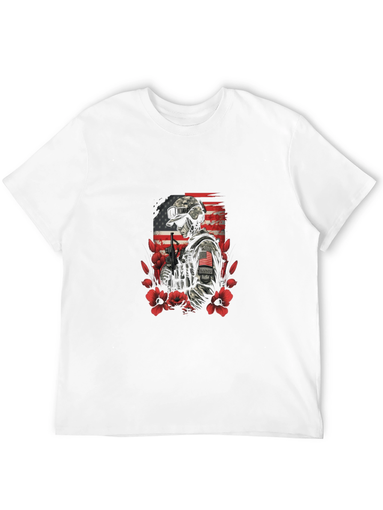 Patriotic Soldier Graphic Tee - American Flag Flower Design
