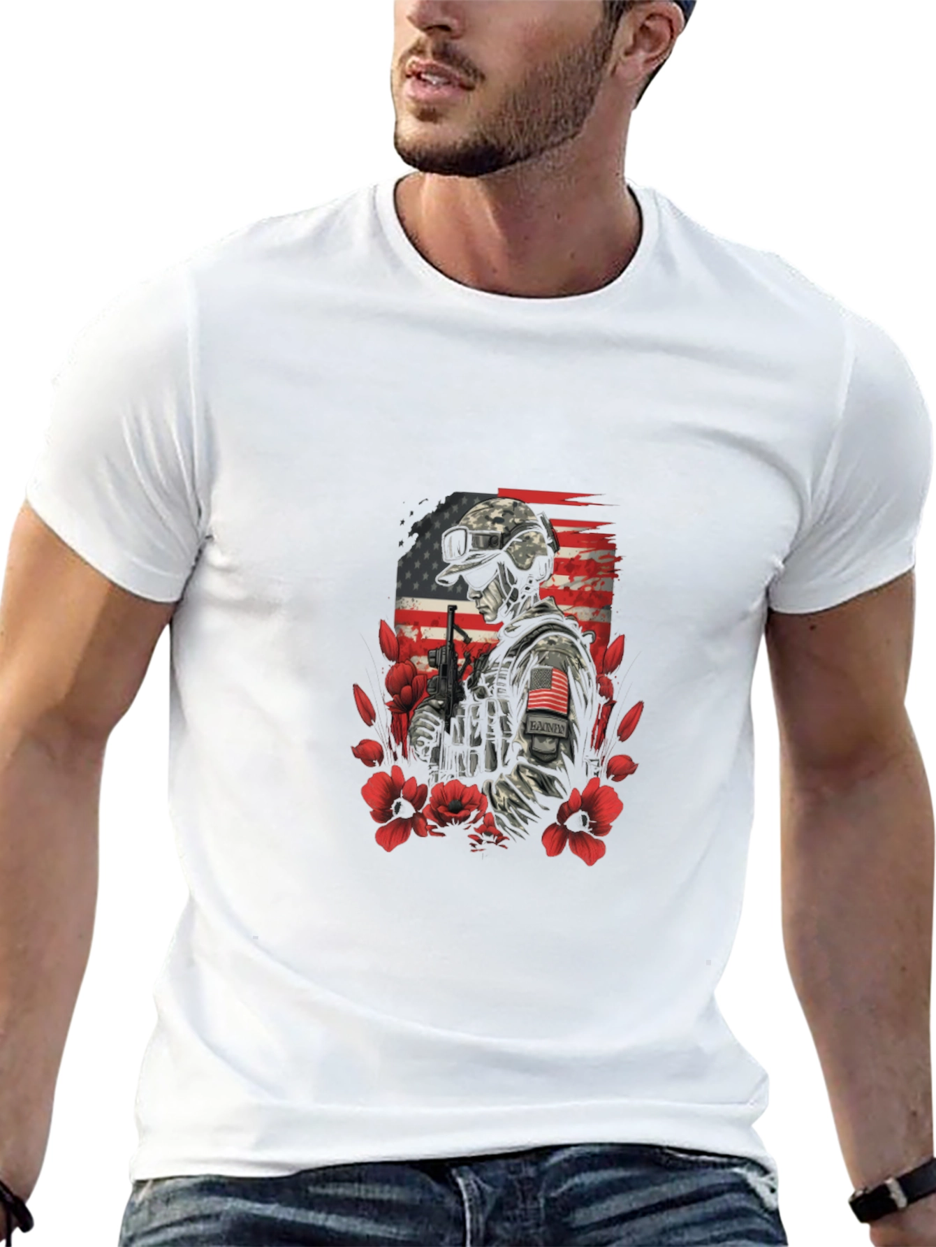 Patriotic Soldier Graphic Tee - American Flag Flower Design