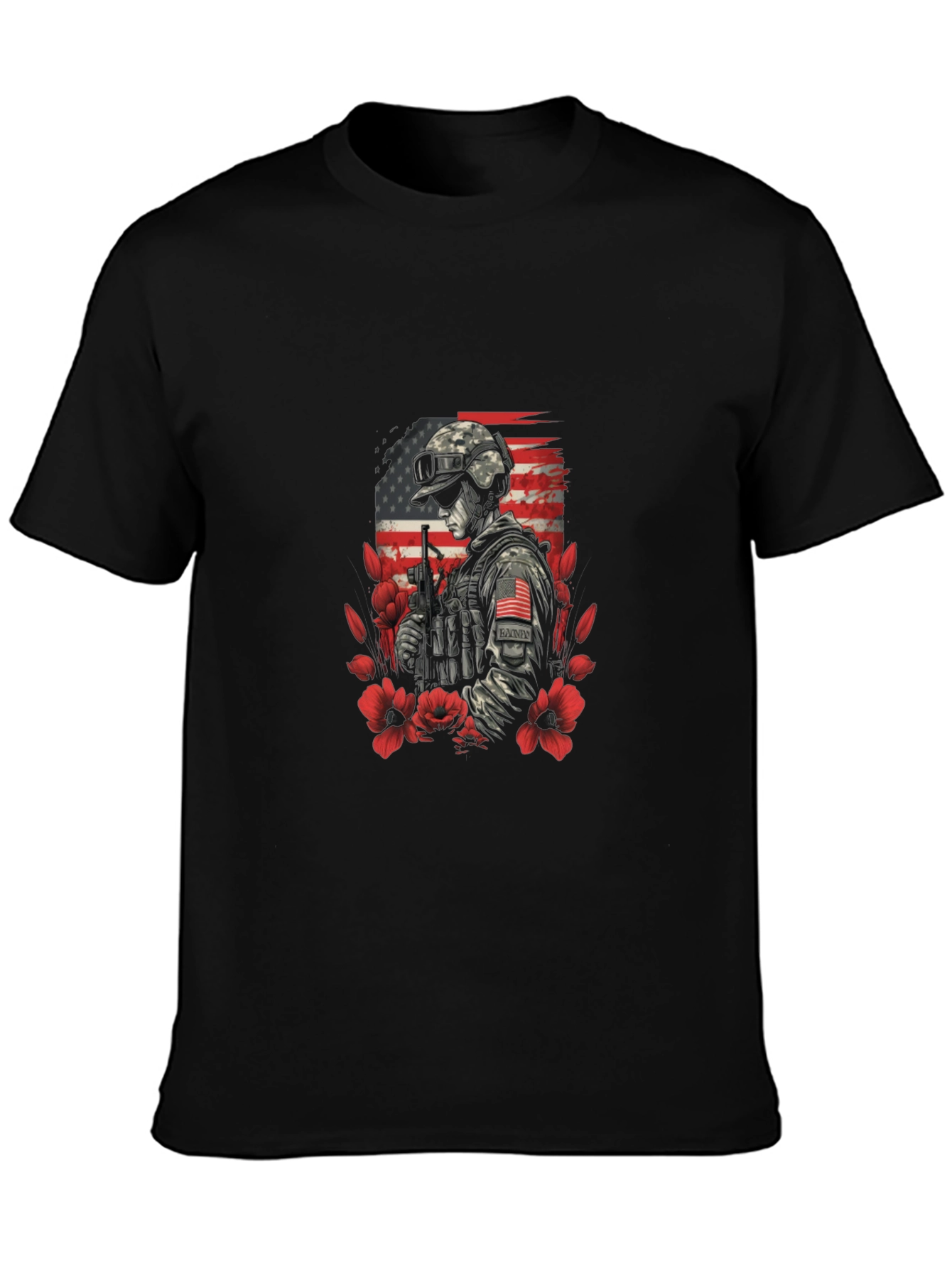 Patriotic Soldier Graphic Tee - American Flag Flower Design