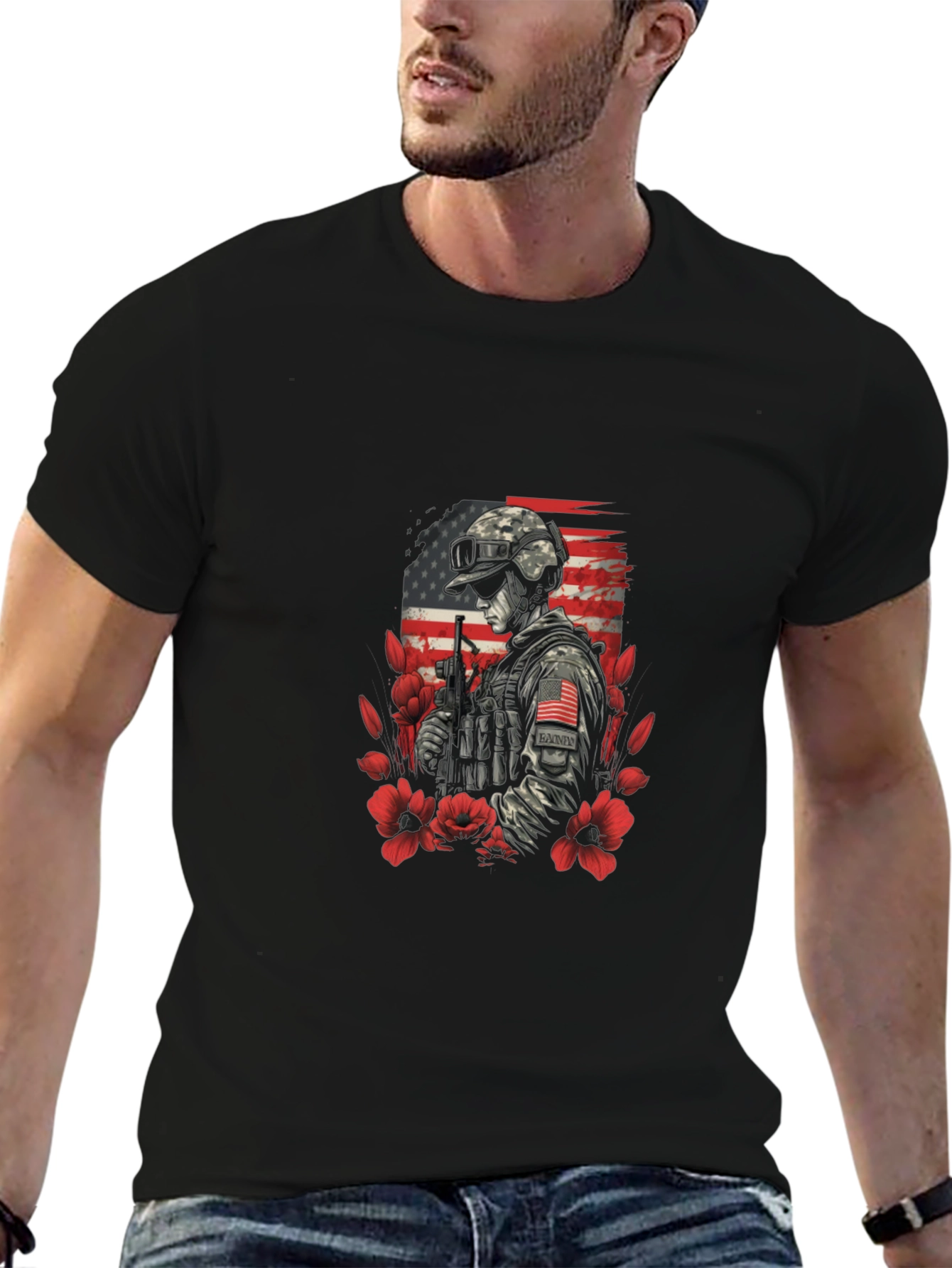 Patriotic Soldier Graphic Tee - American Flag Flower Design