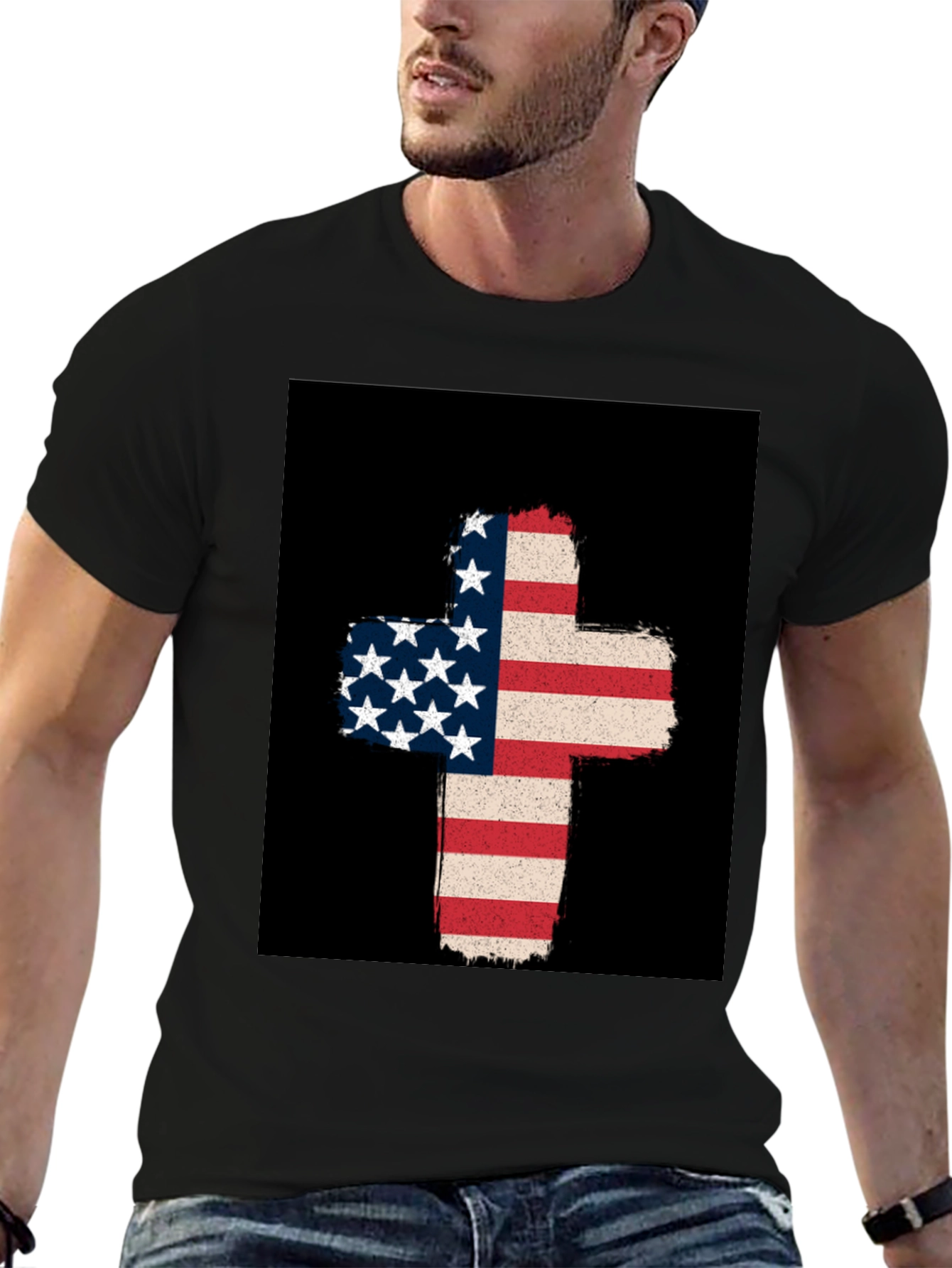 American Flag Cross Graphic Tee - Patriotic Style