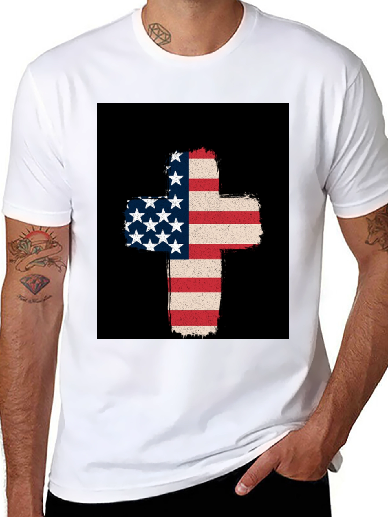 American Flag Cross Graphic Tee - Patriotic Style