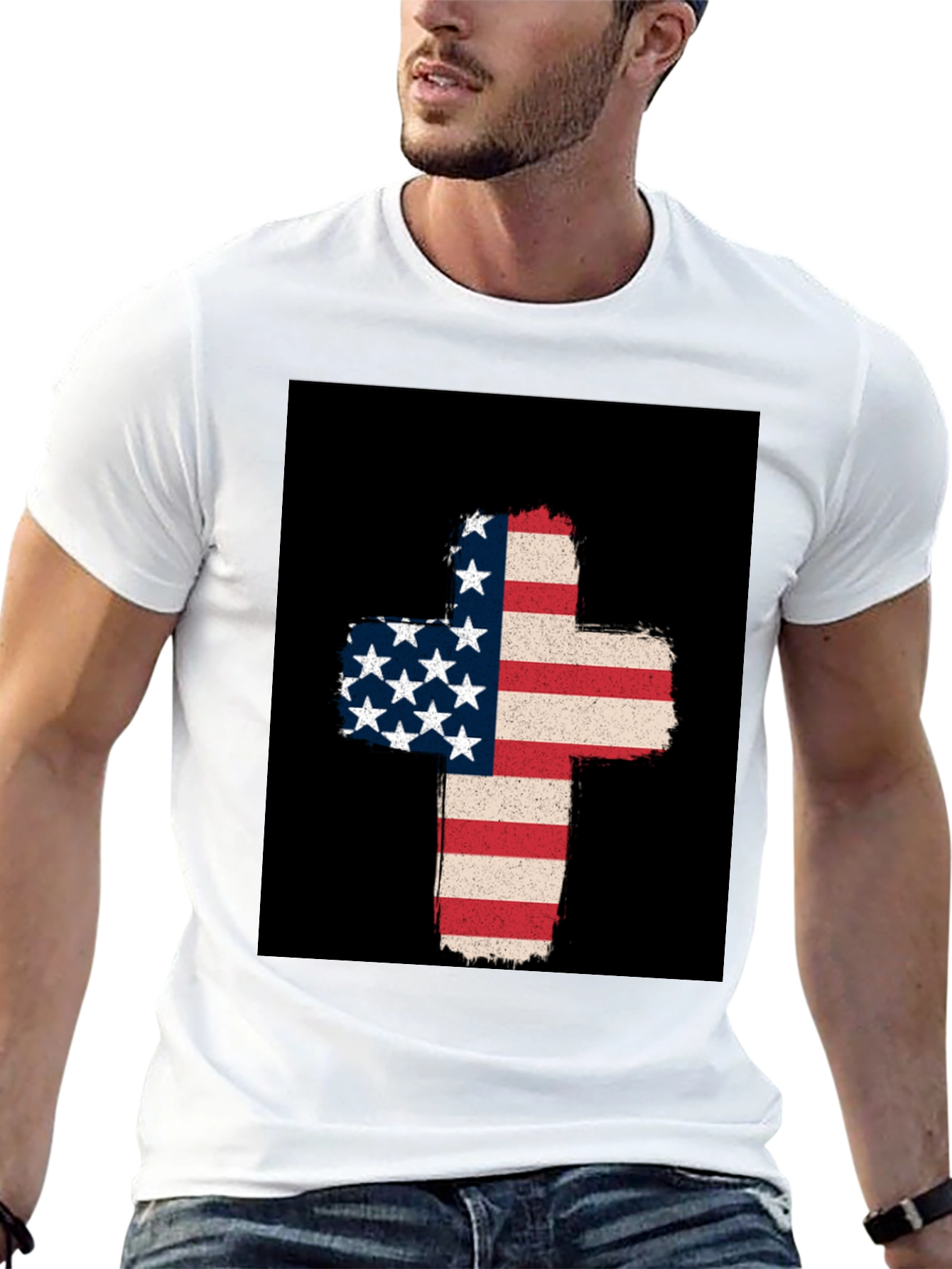 American Flag Cross Graphic Tee - Patriotic Style