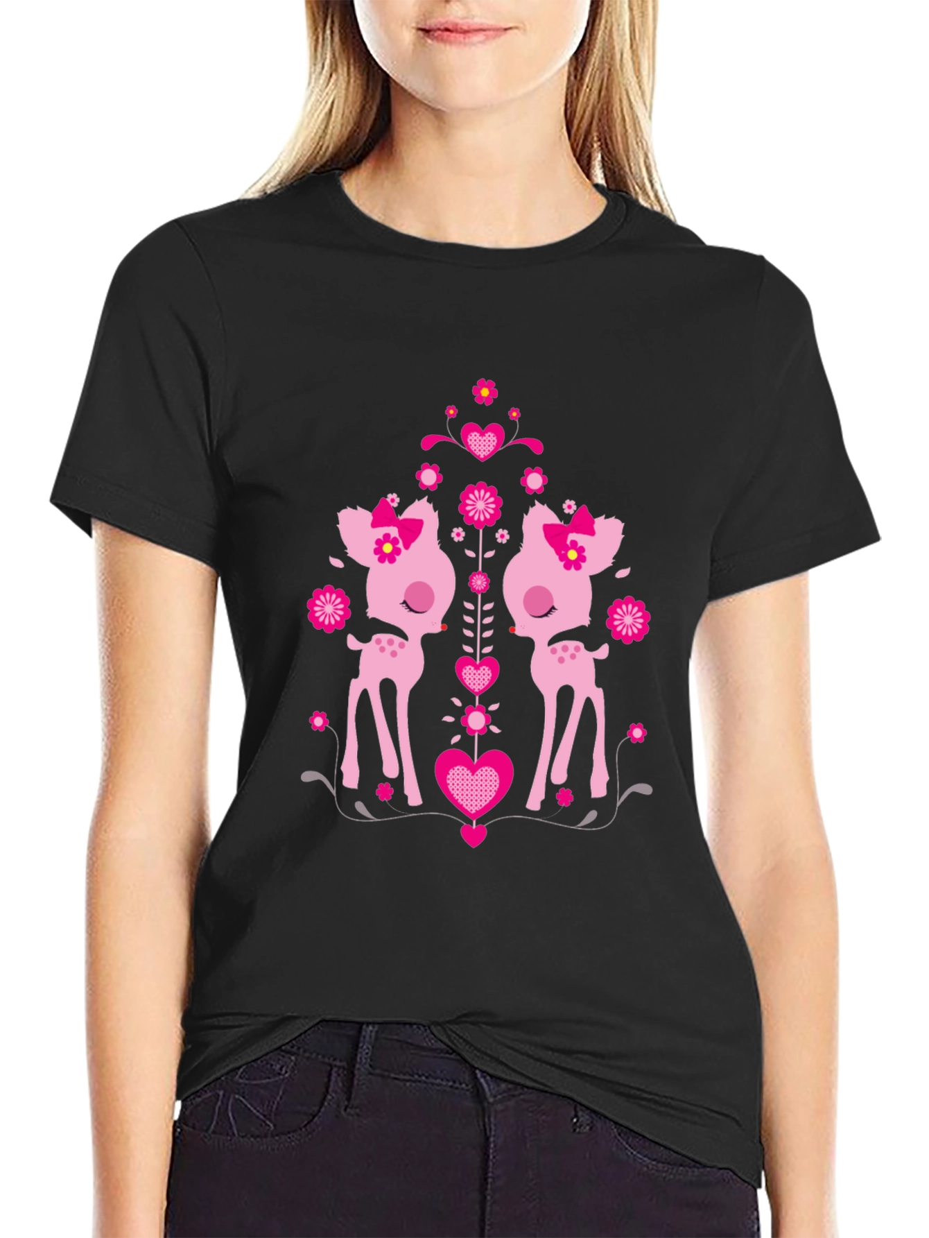 Cute Deer Heart Graphic Black T-Shirt