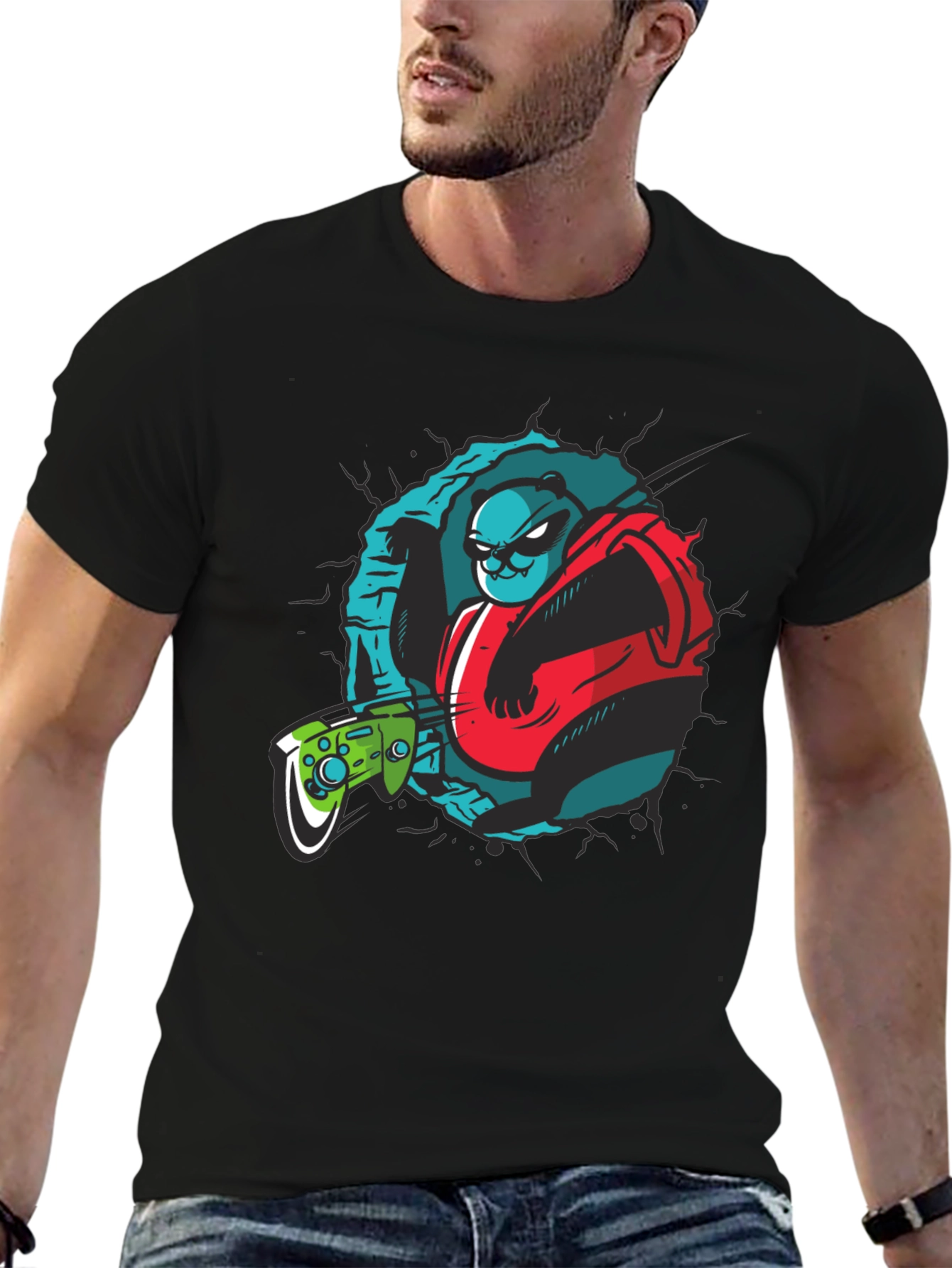 Gamer Panda Graphic Tee - Black Cotton T-Shirt