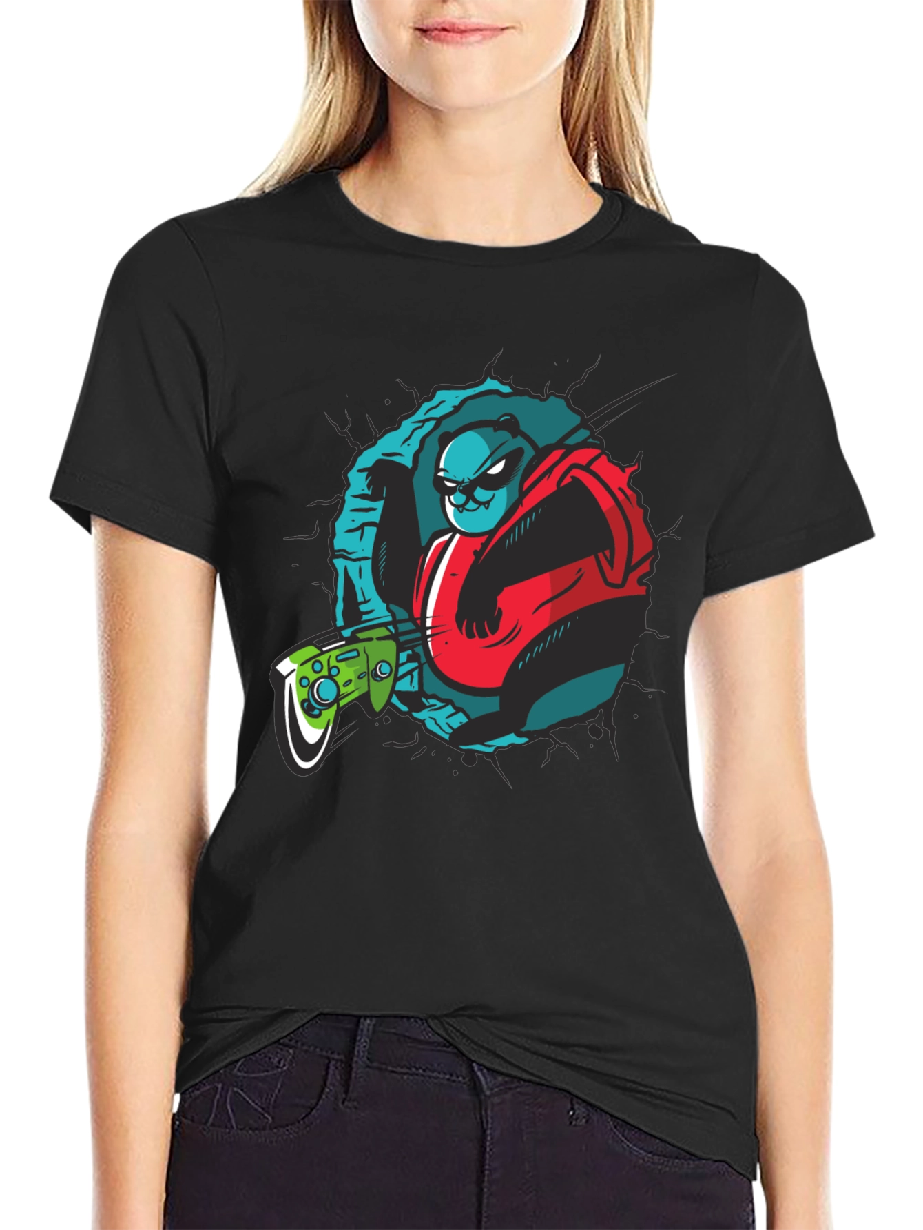 Gamer Panda Graphic Tee - Black Cotton T-Shirt
