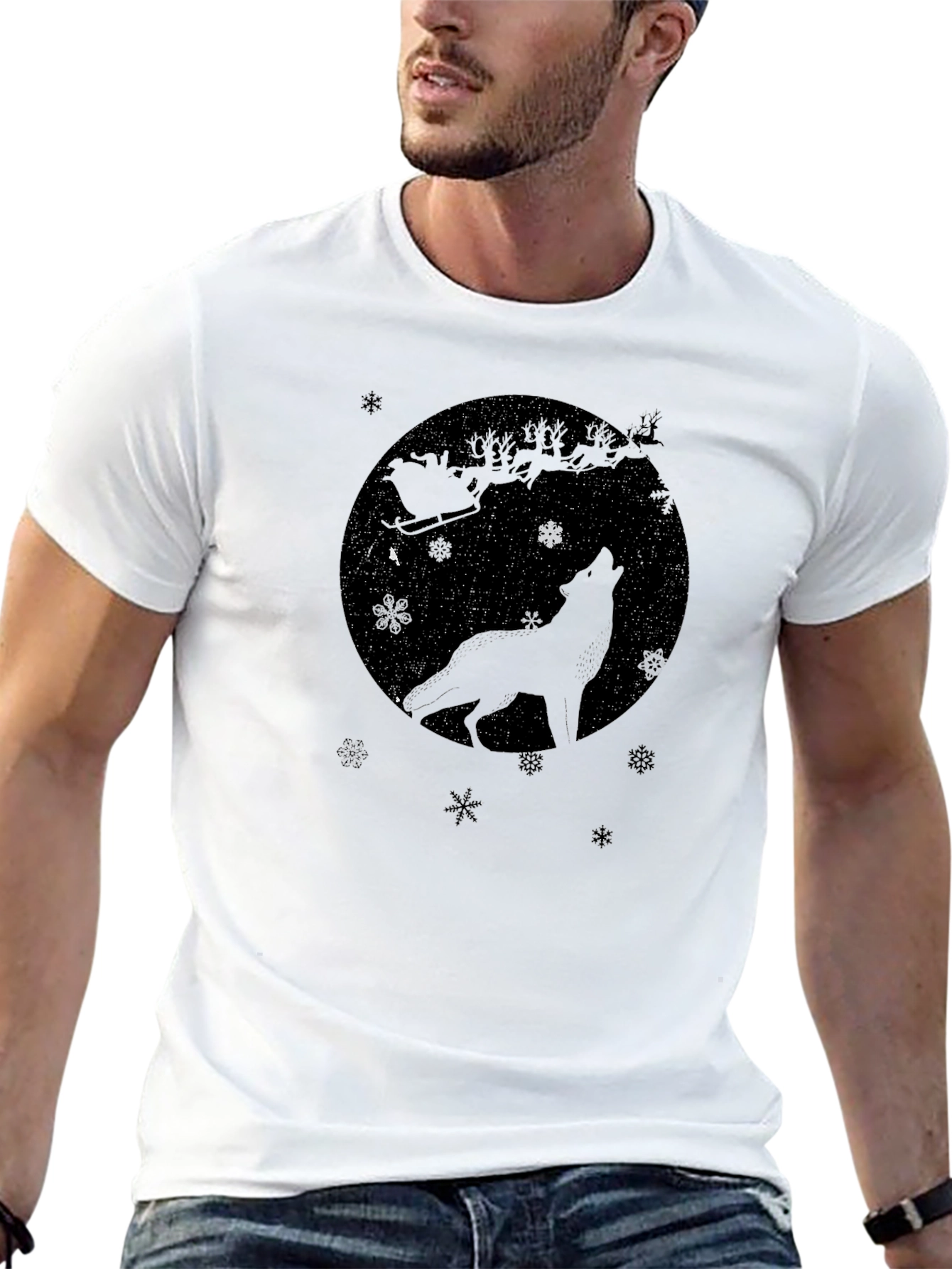 Wolf Howling Santas Sleigh Black T-Shirt