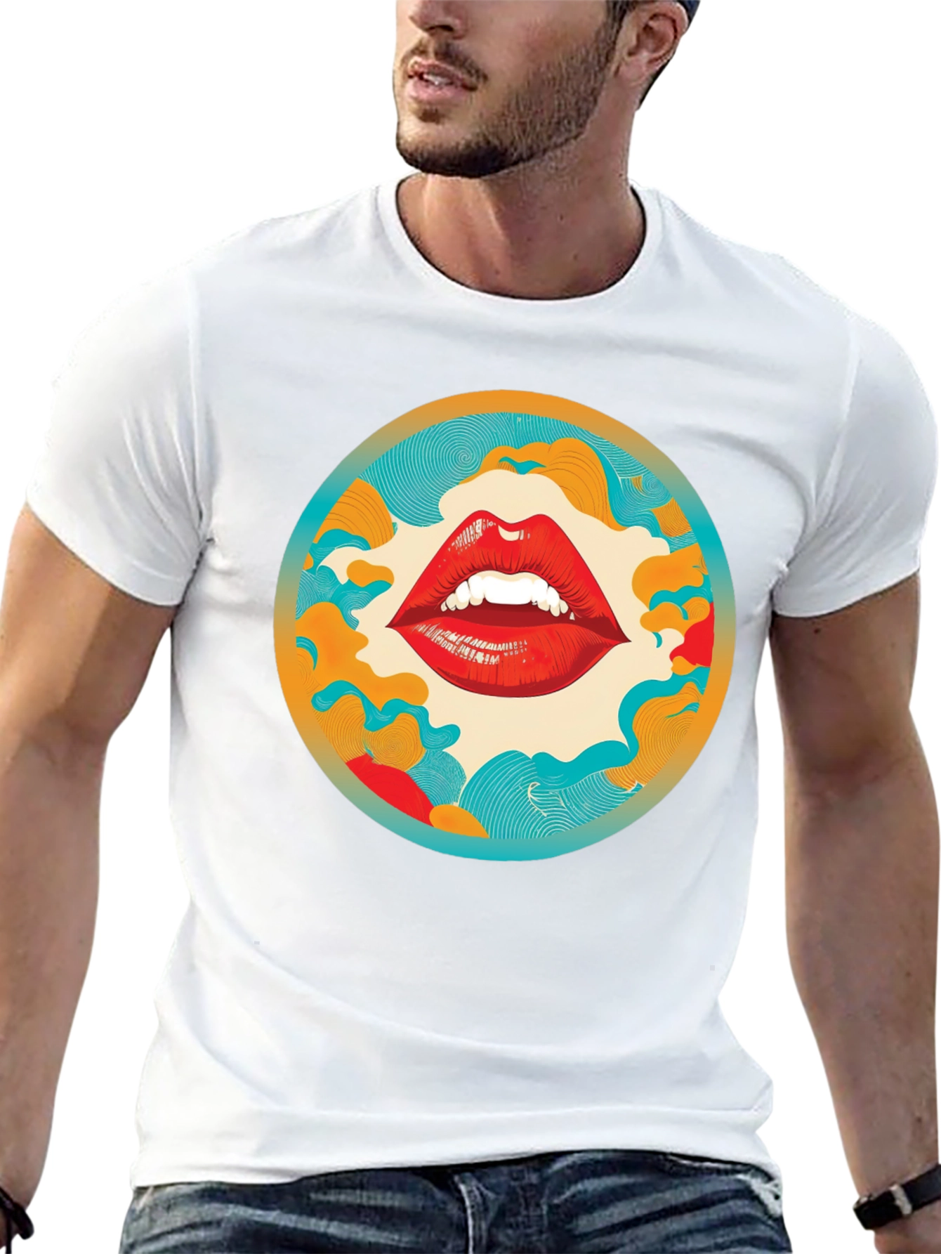 Graphic Lips Print Crew Neck Tee