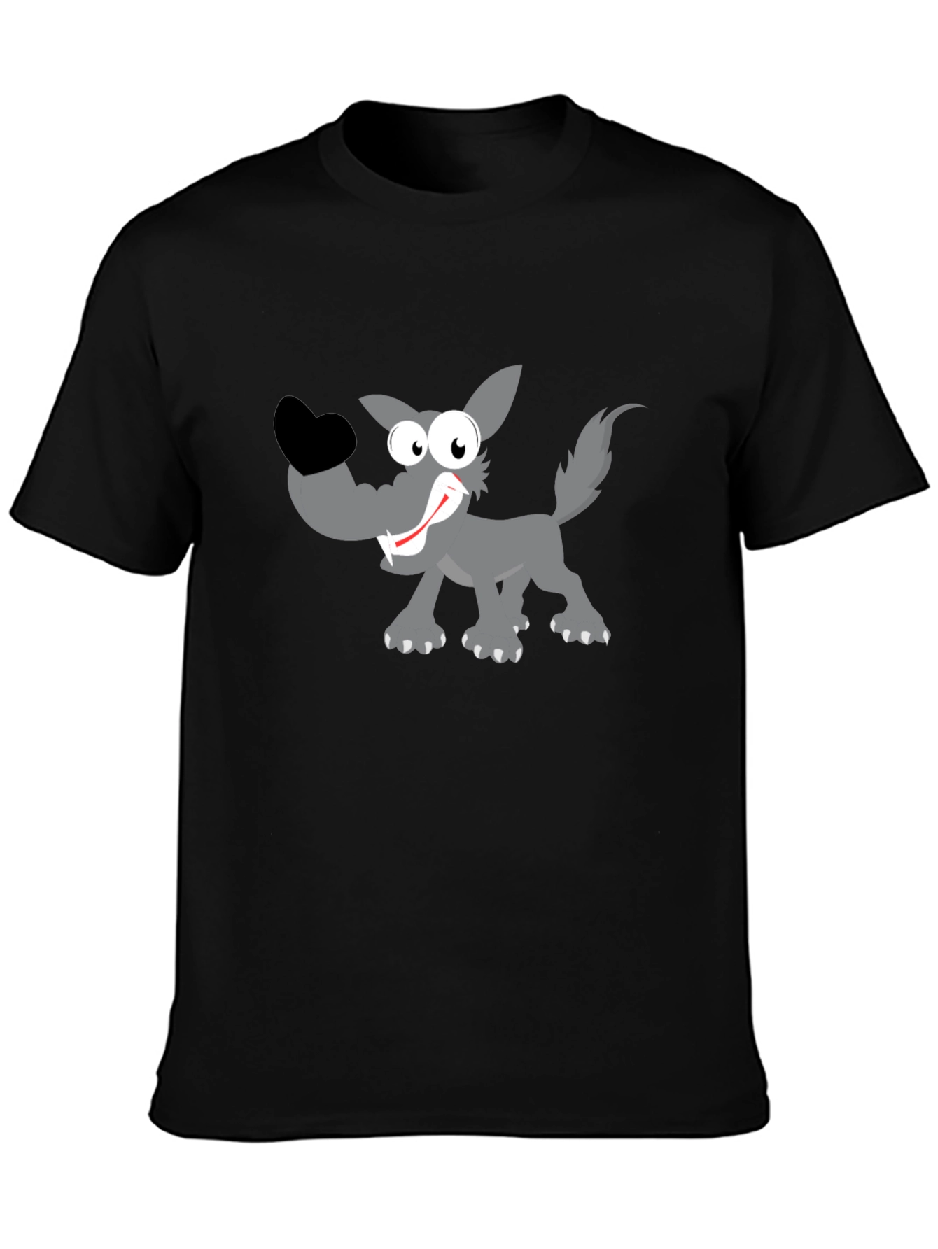 Cartoon Wolf Graphic Tee - Black Cotton T-Shirt