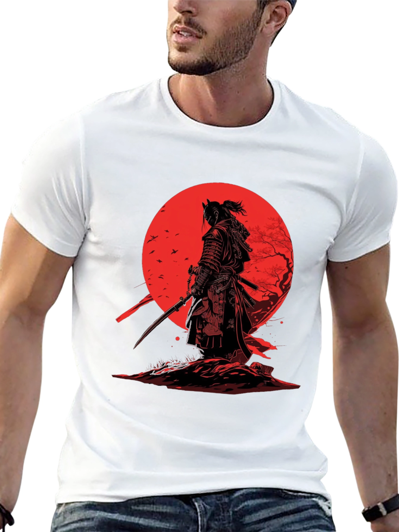 Samurai T-Shirt - Red Moon Japanese Warrior Design