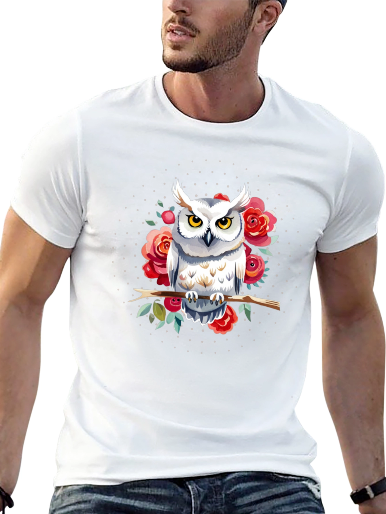 Owl and Roses Graphic Print Mens T-Shirt