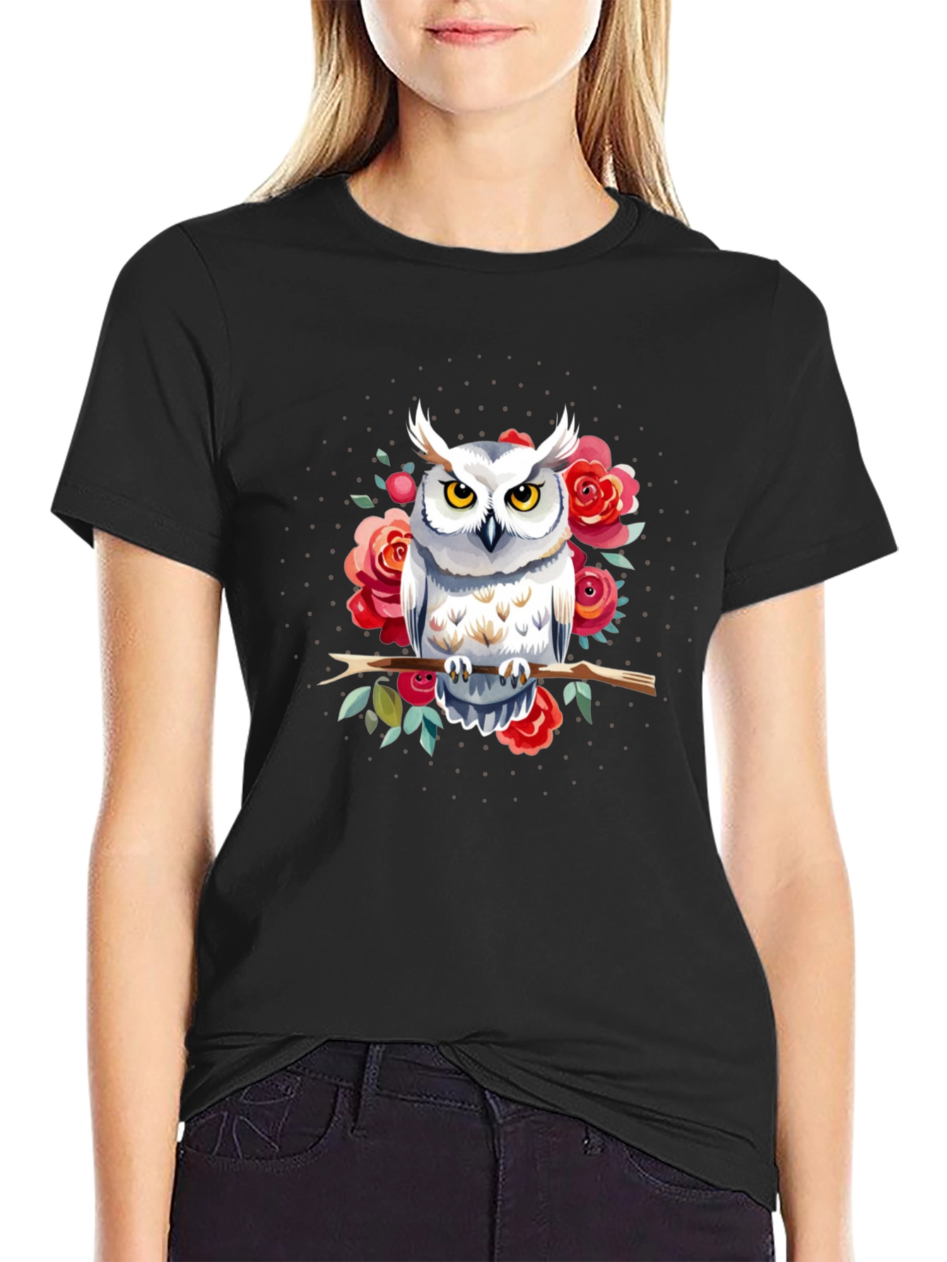 Owl and Roses Graphic Print Mens T-Shirt