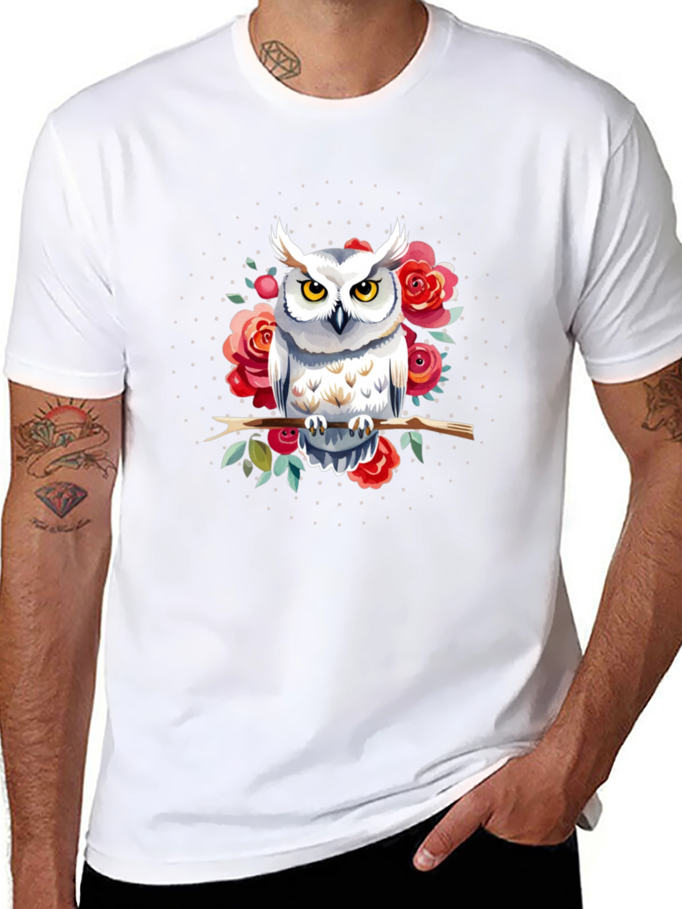 Owl and Roses Graphic Print Mens T-Shirt