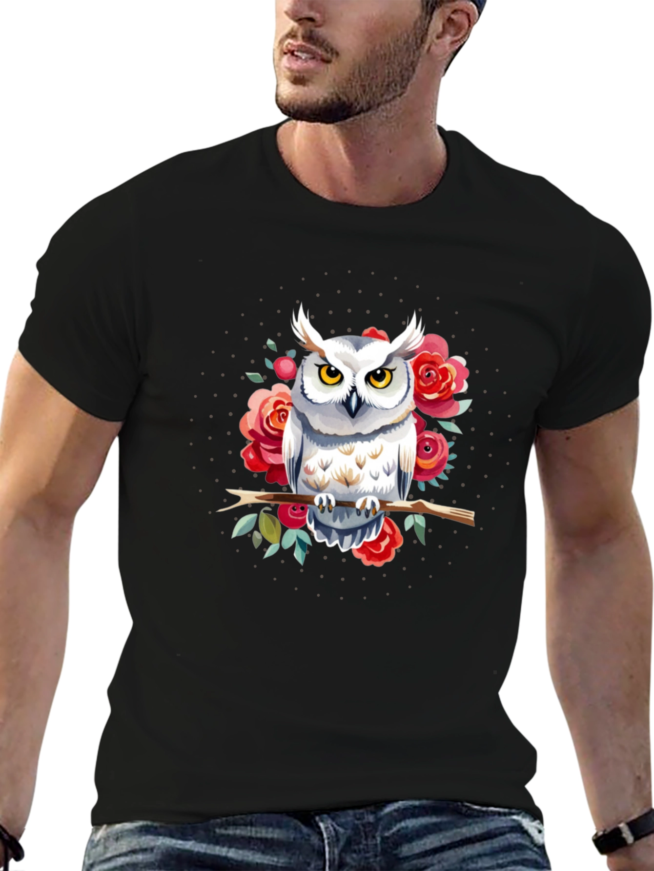 Owl and Roses Graphic Print Mens T-Shirt