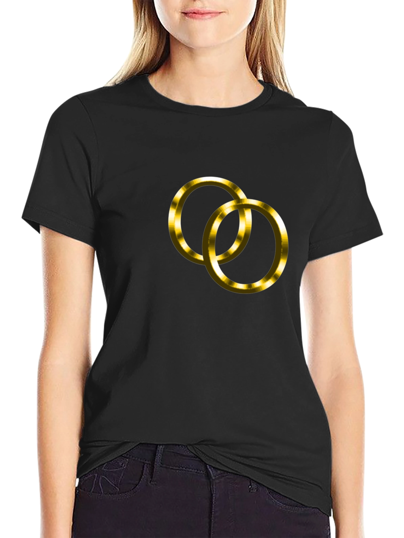 Black T-Shirt with Golden Wedding Rings Design