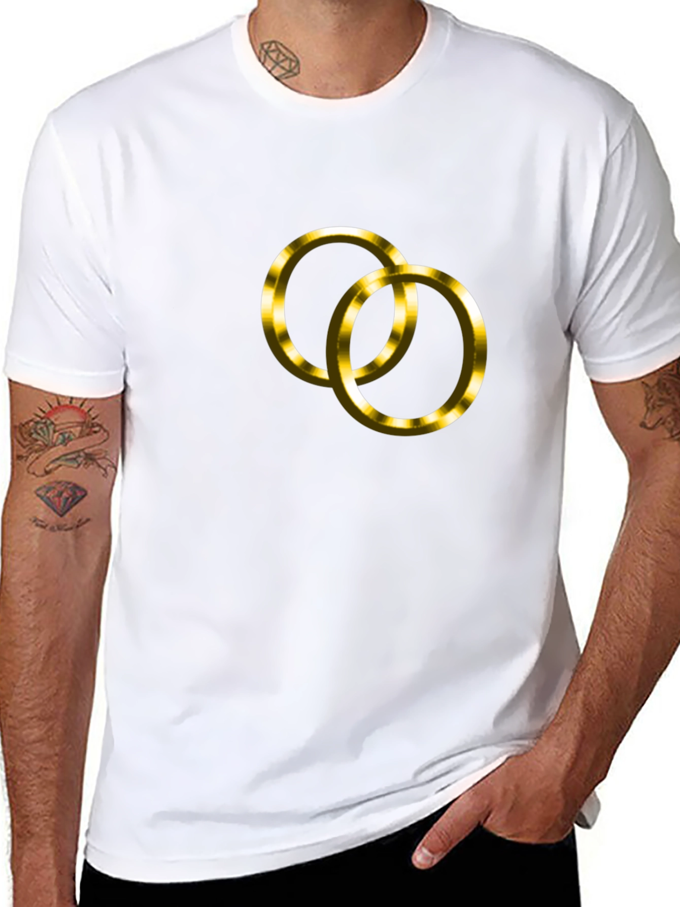 Black T-Shirt with Golden Wedding Rings Design