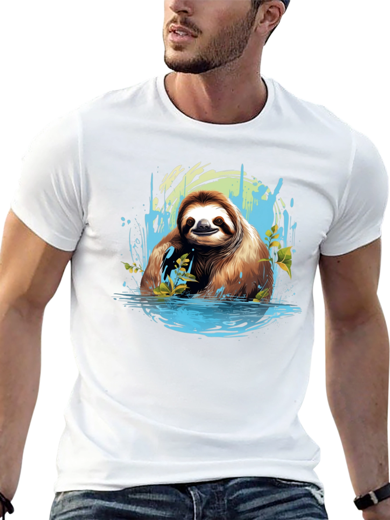 Sloth in Water Black T-Shirt - Relaxed Wildlife Tee