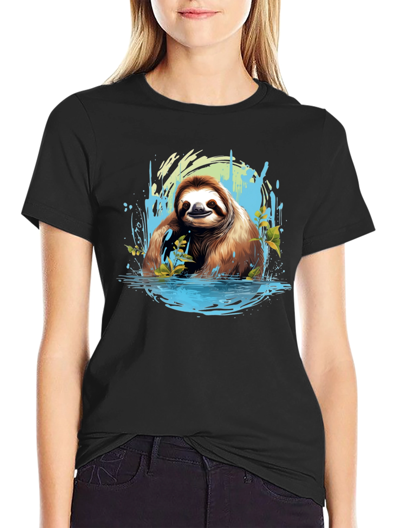 Sloth in Water Black T-Shirt - Relaxed Wildlife Tee