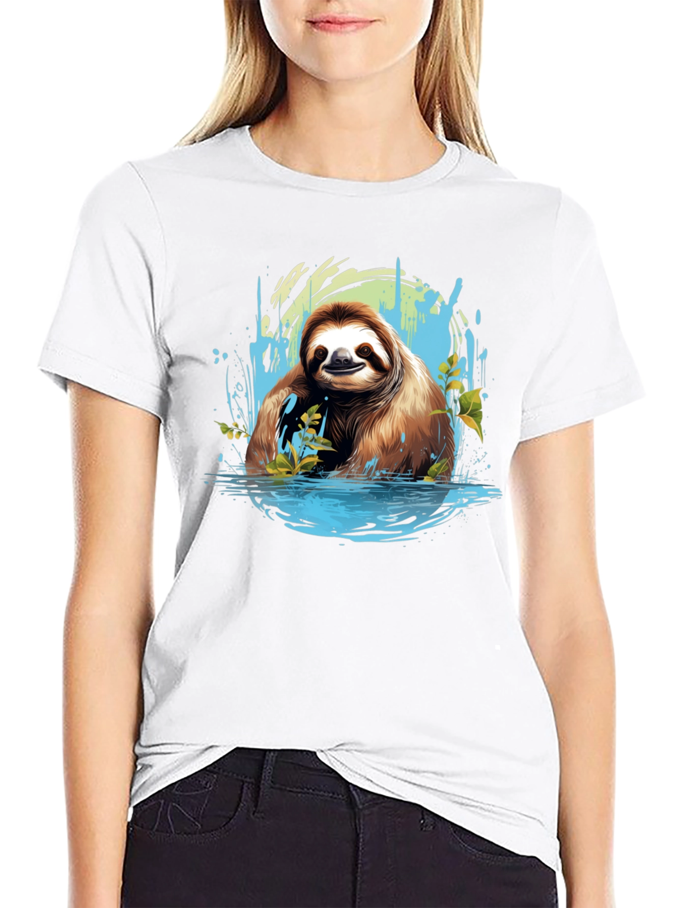 Sloth in Water Black T-Shirt - Relaxed Wildlife Tee