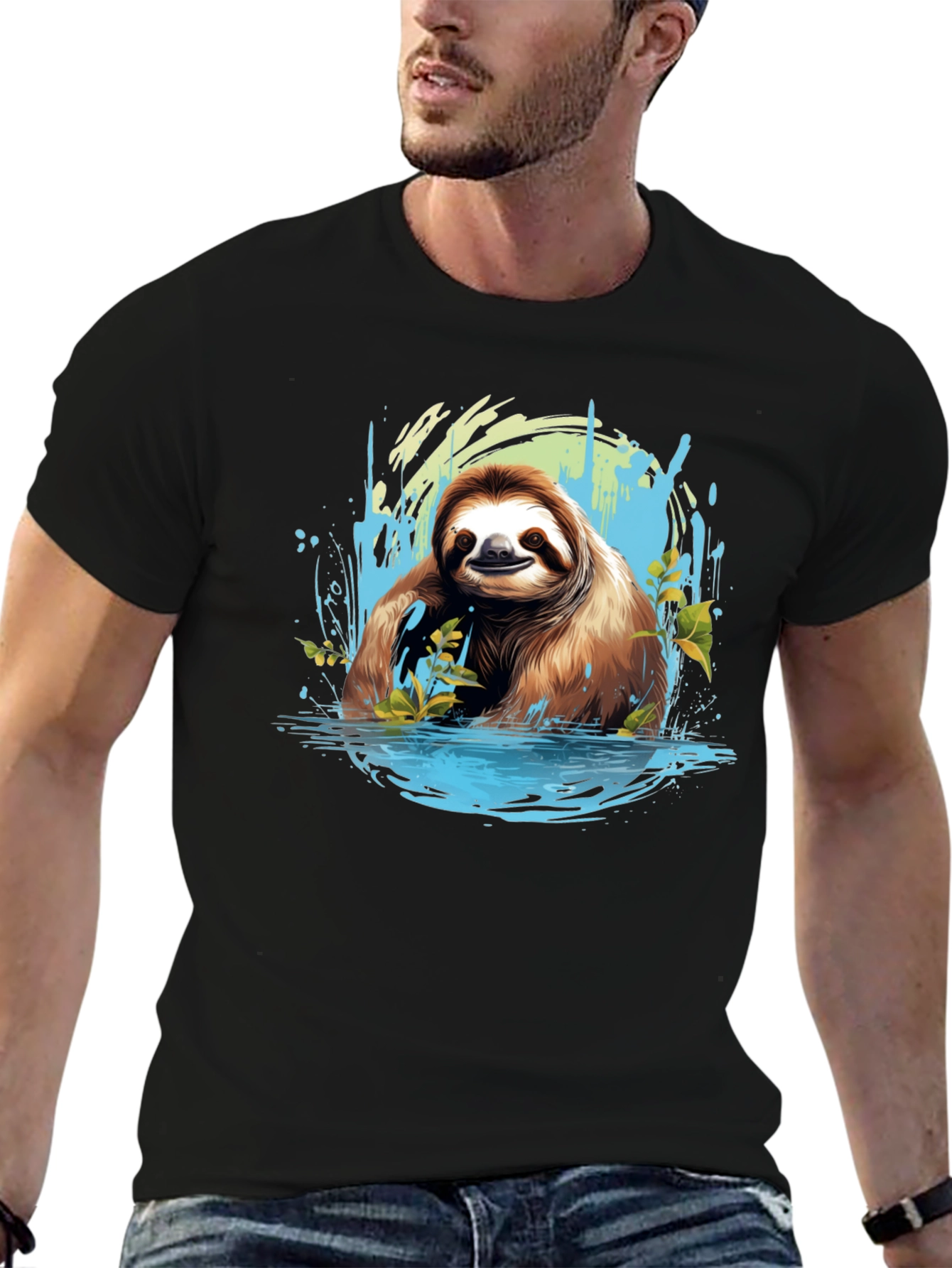 Sloth in Water Black T-Shirt - Relaxed Wildlife Tee