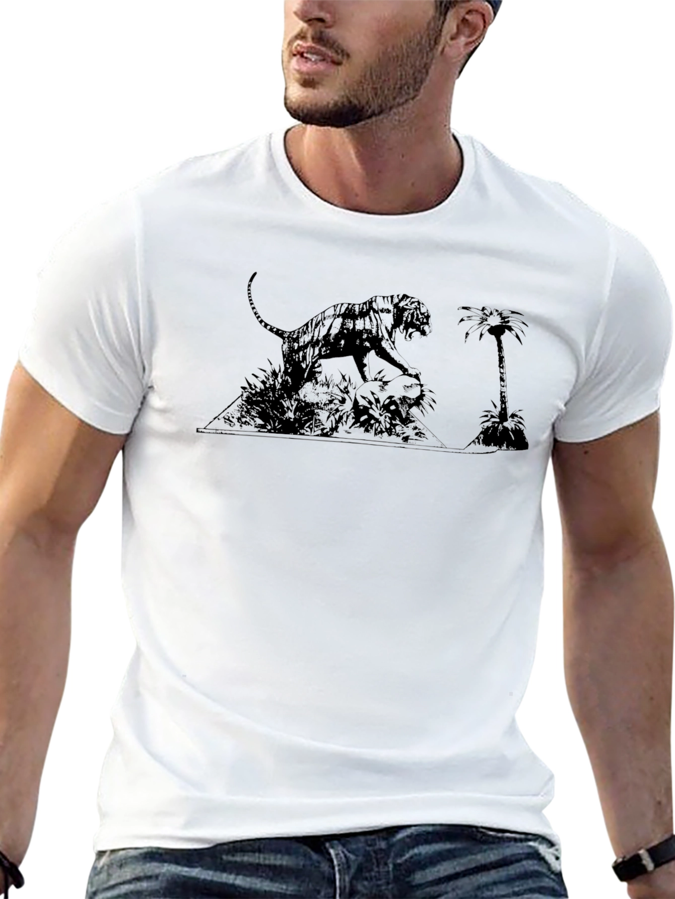Black T-Shirt with Tiger & Palm Tree Graphic Print