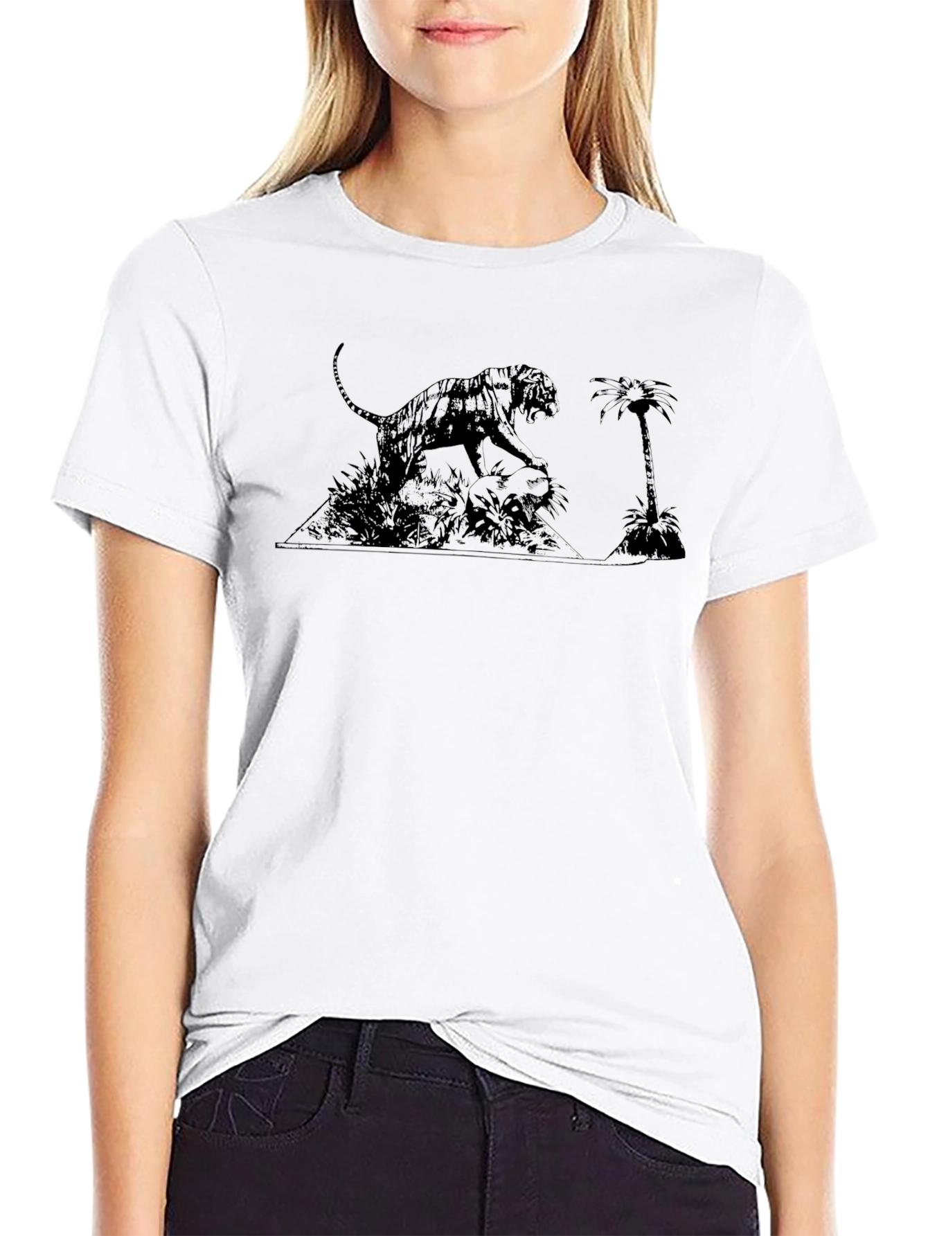 Black T-Shirt with Tiger & Palm Tree Graphic Print