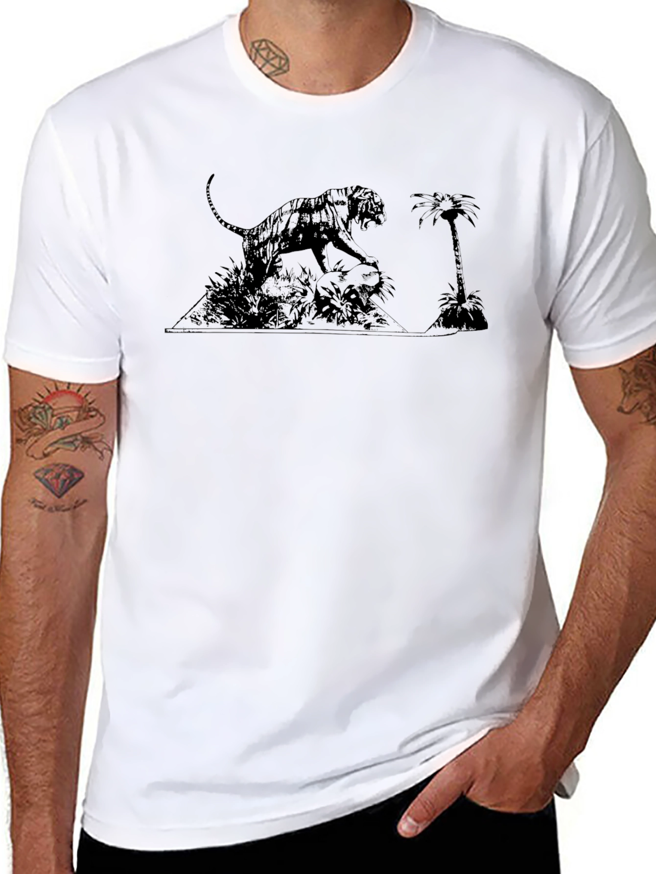 Black T-Shirt with Tiger & Palm Tree Graphic Print