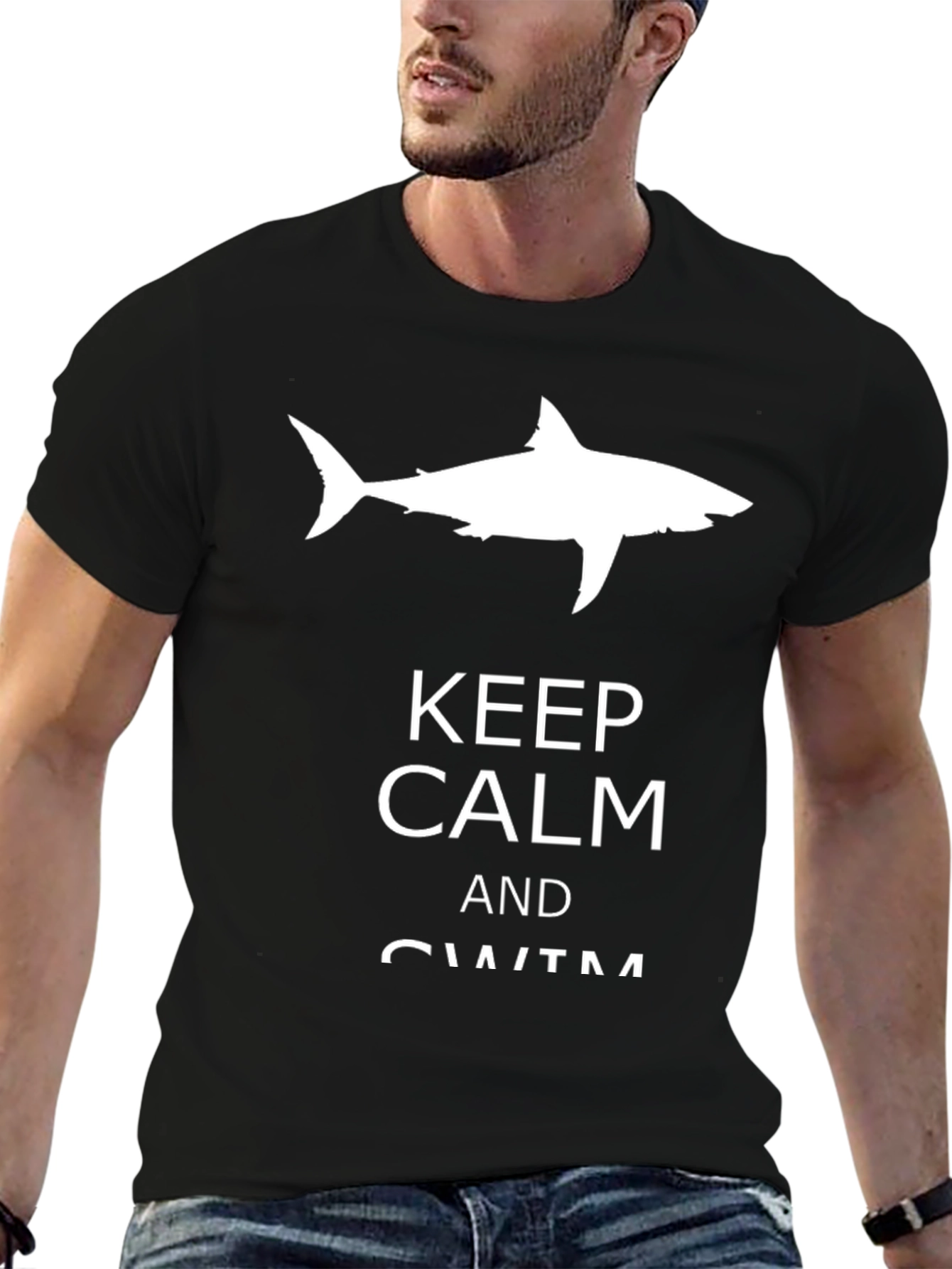 Keep Calm and Swim Black T-Shirt with Shark