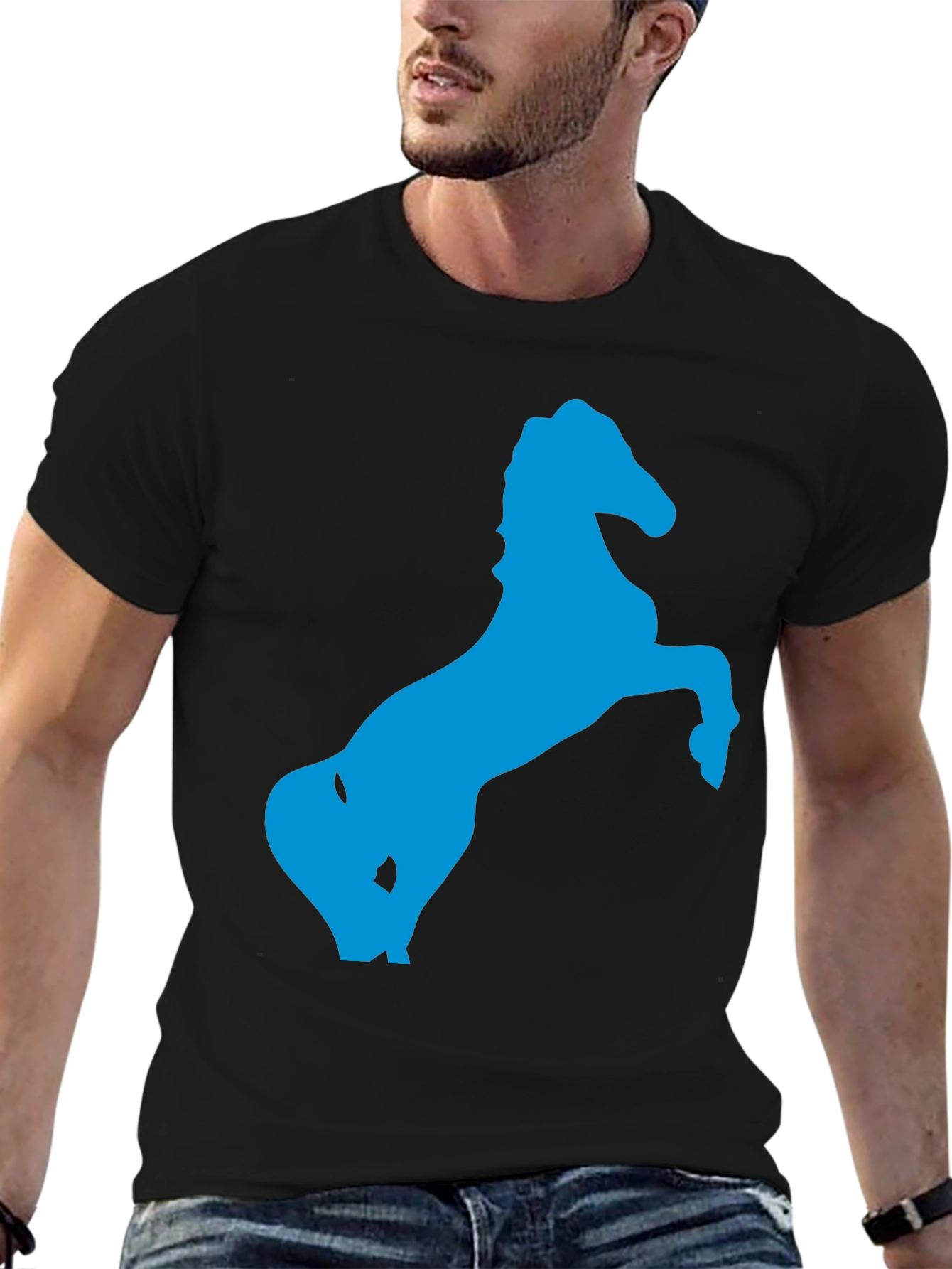 Black T-Shirt with Blue Horse Silhouette