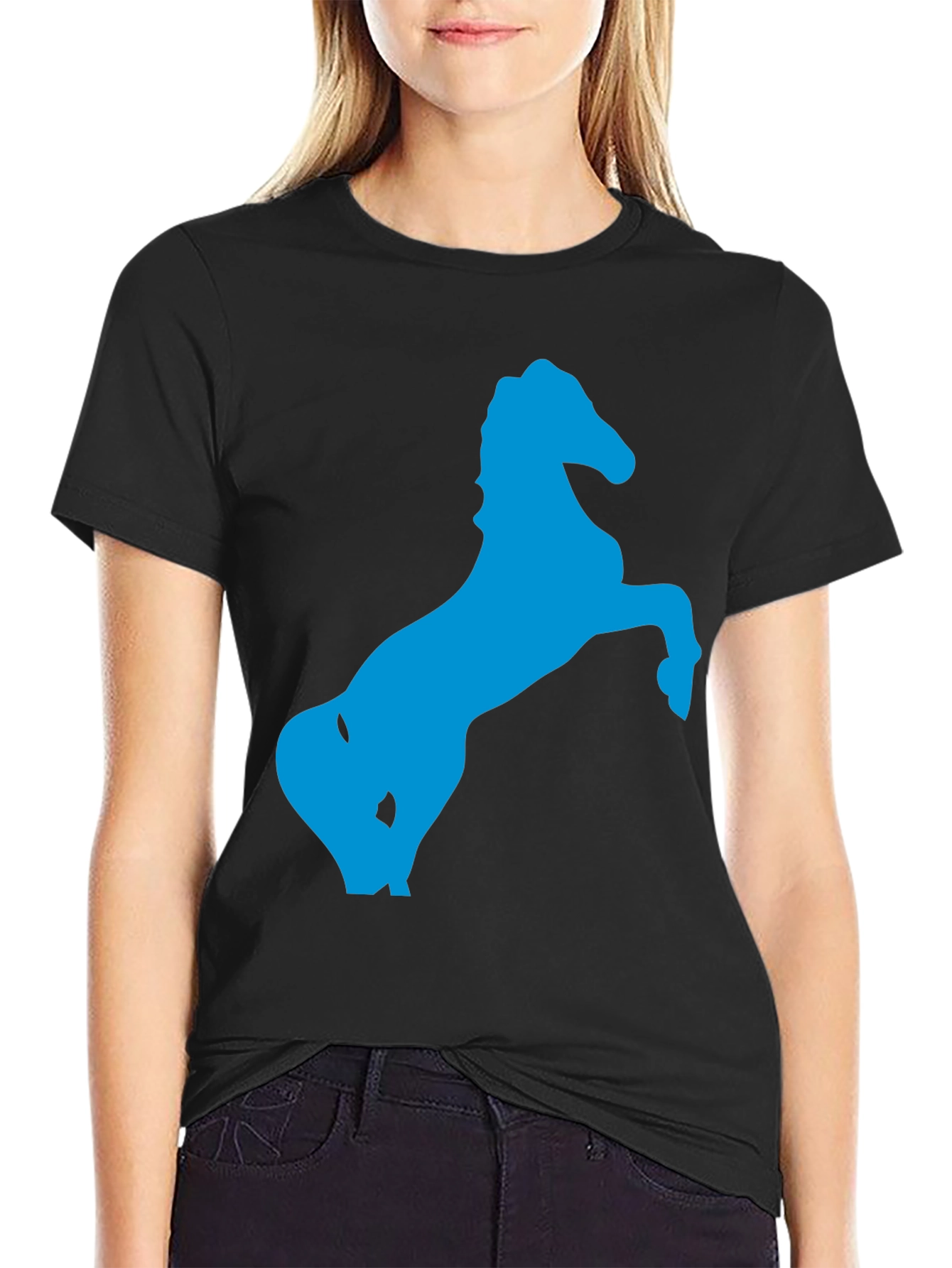 Black T-Shirt with Blue Horse Silhouette