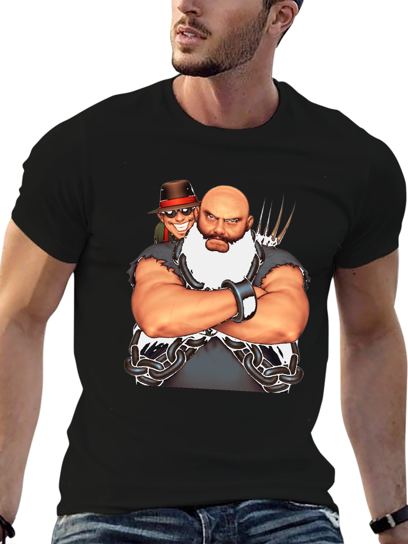 Bald Wrestler Cartoon Black T-Shirt