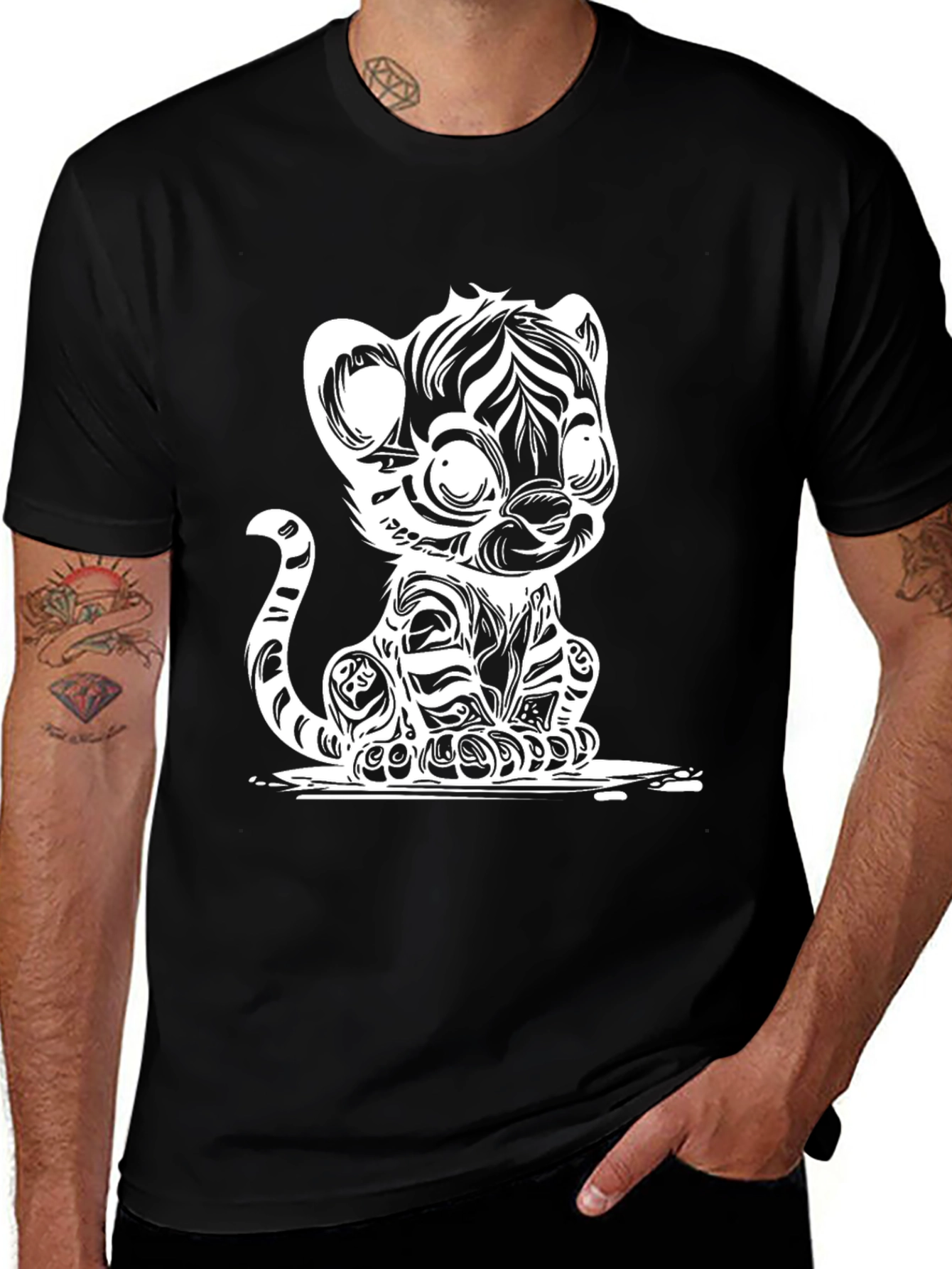 Cartoon Tiger Graphic Tee - Black