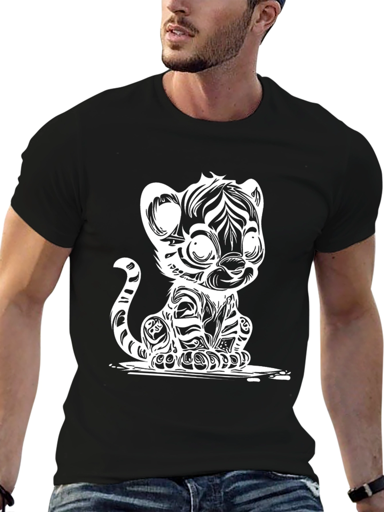 Cartoon Tiger Graphic Tee - Black