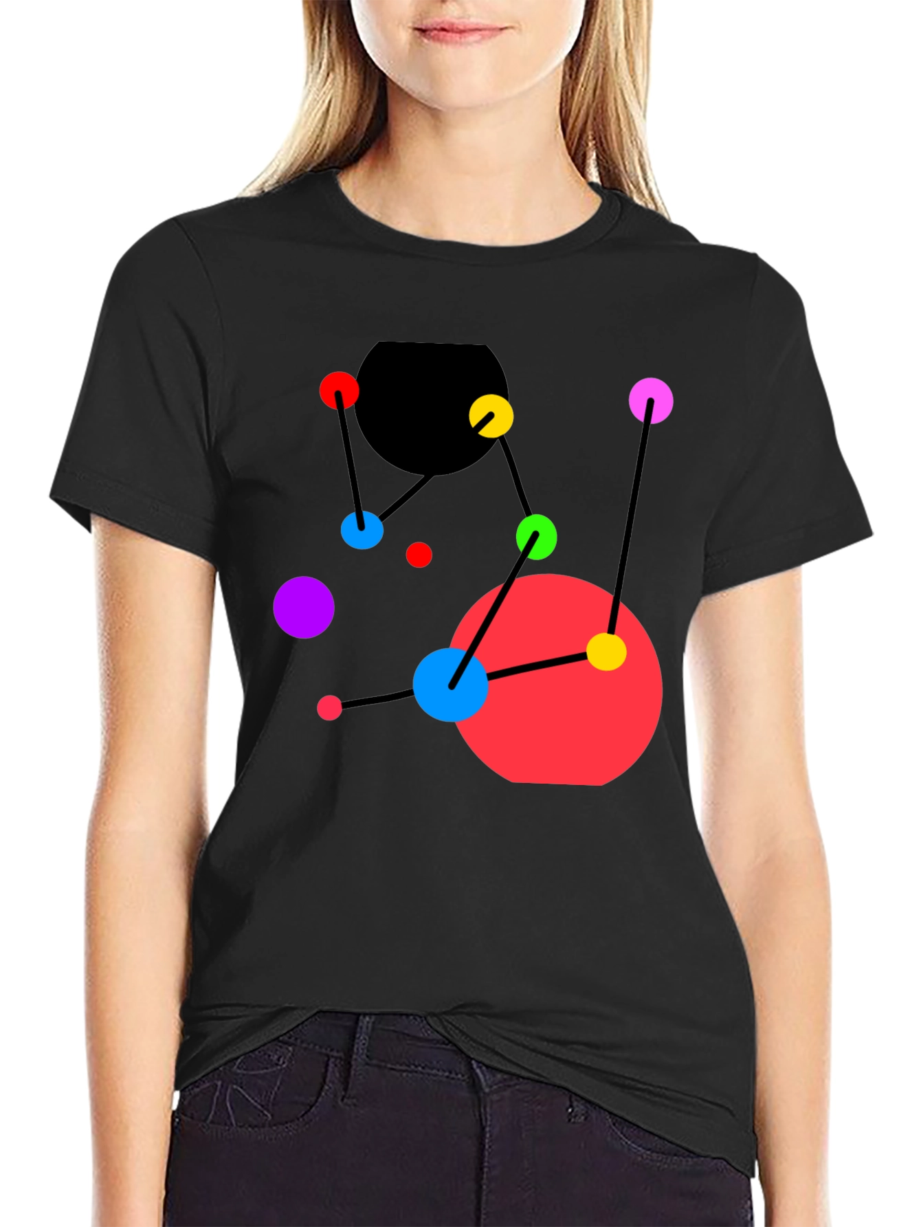 Abstract Geometric Graphic Tee - Black Casual Top