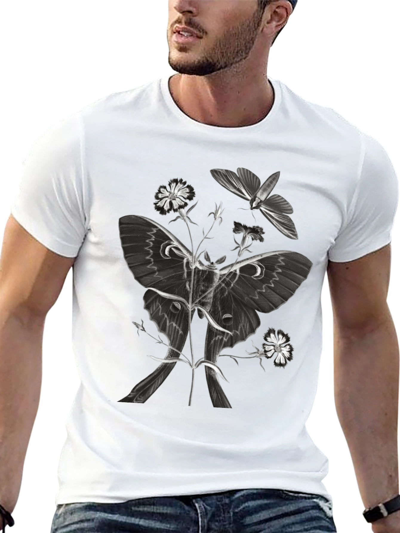 Moth & Floral Graphic T-Shirt - Black