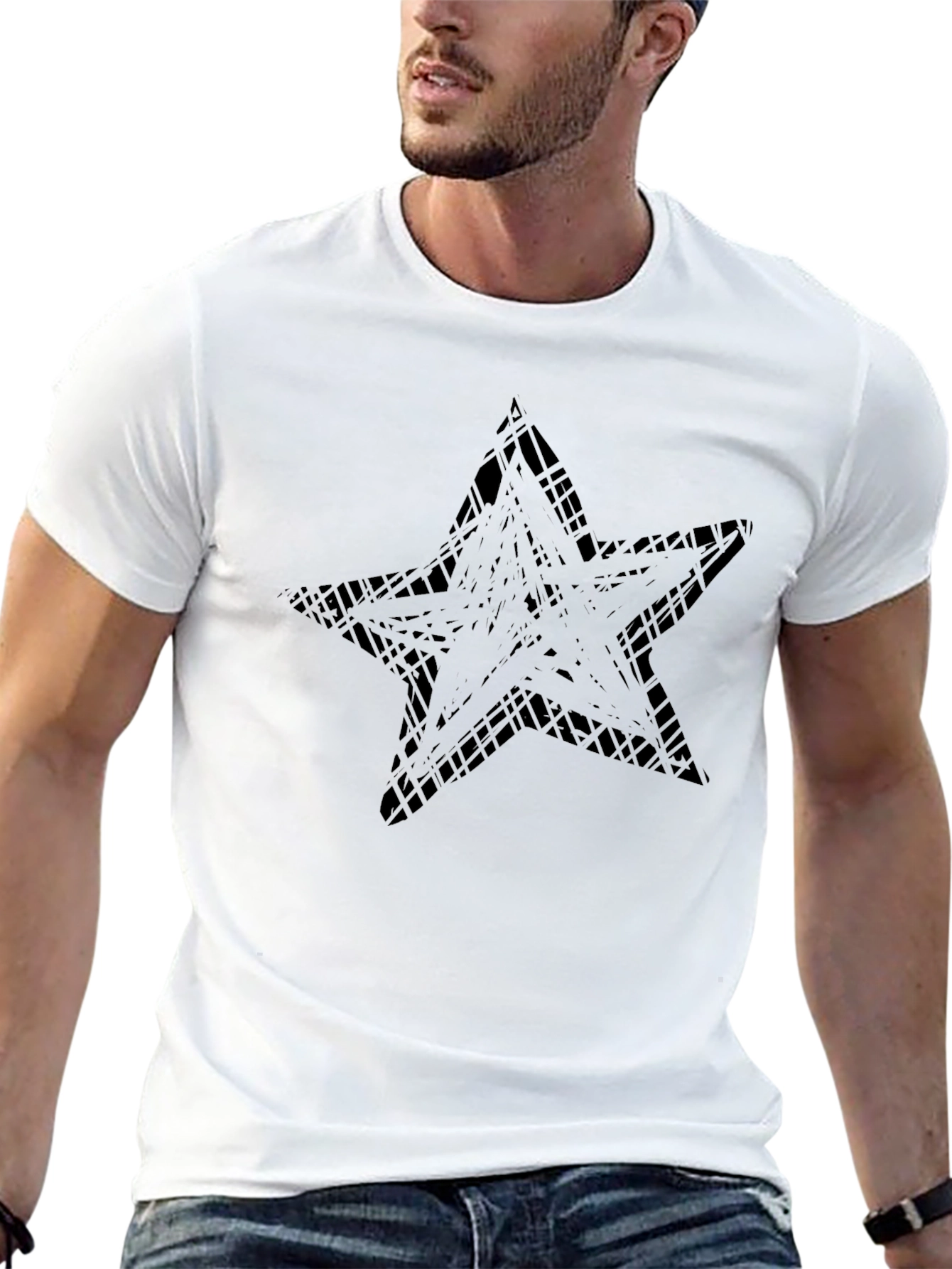 Abstract Star Graphic Tee - Black Cotton Casual Shirt