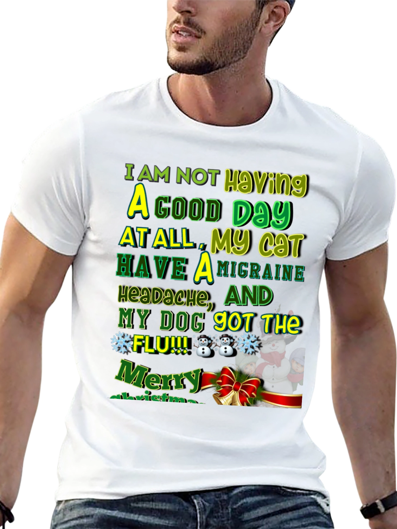 Funny Christmas Cat & Dog Flu Headache T-Shirt