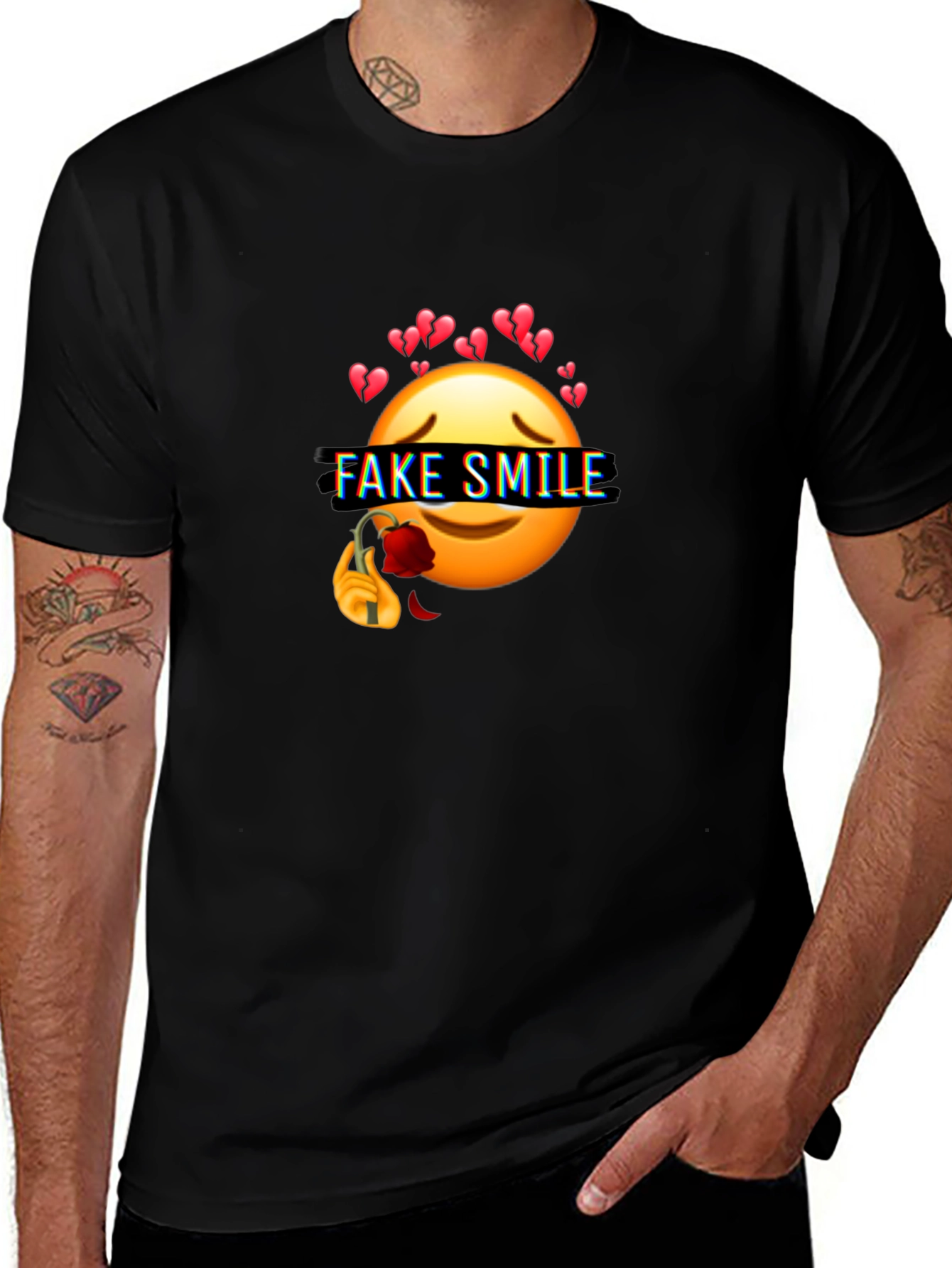 Emo Fake Smile Broken Heart Graphic Black T-Shirt
