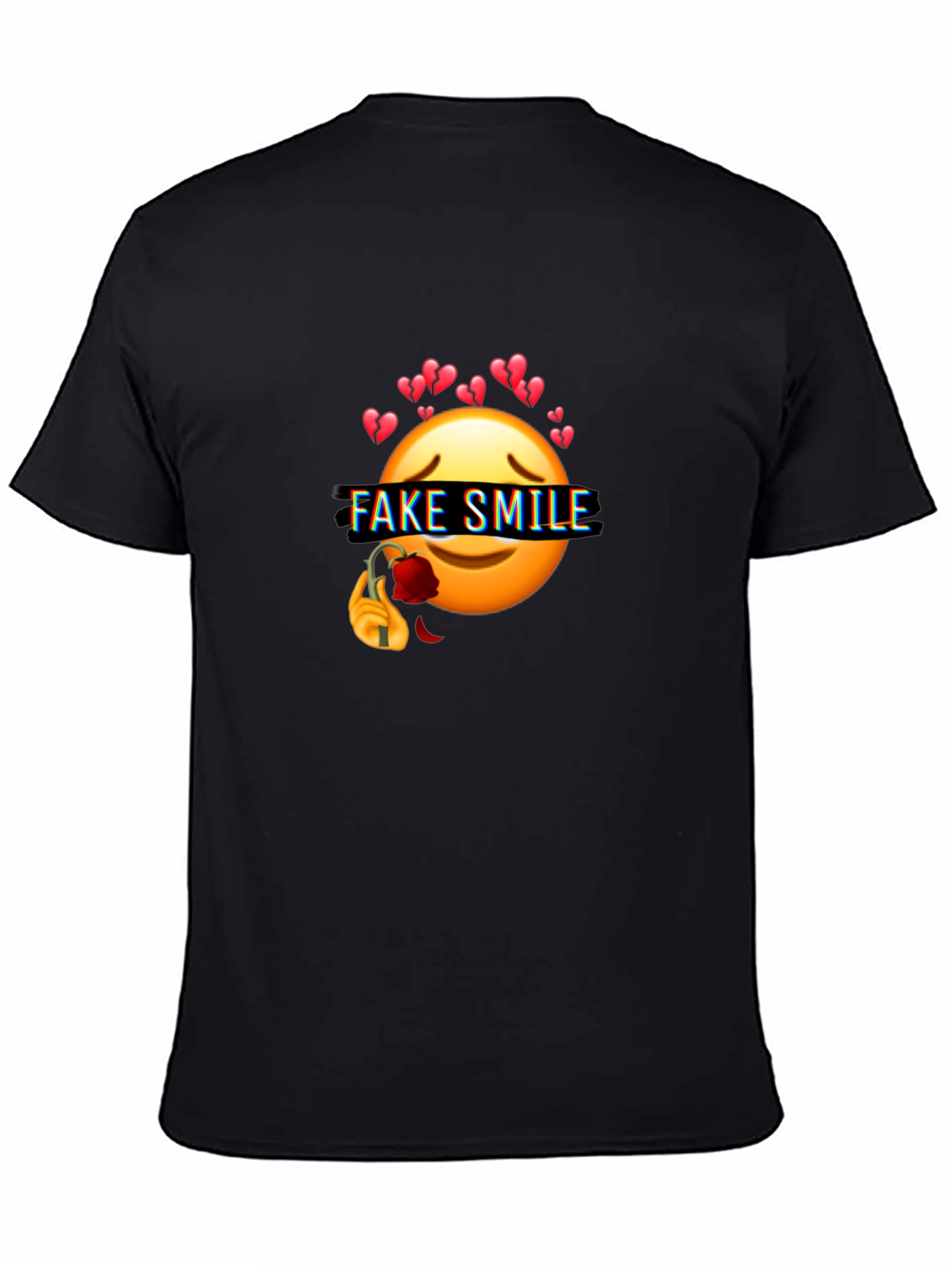 Emo Fake Smile Broken Heart Graphic Black T-Shirt