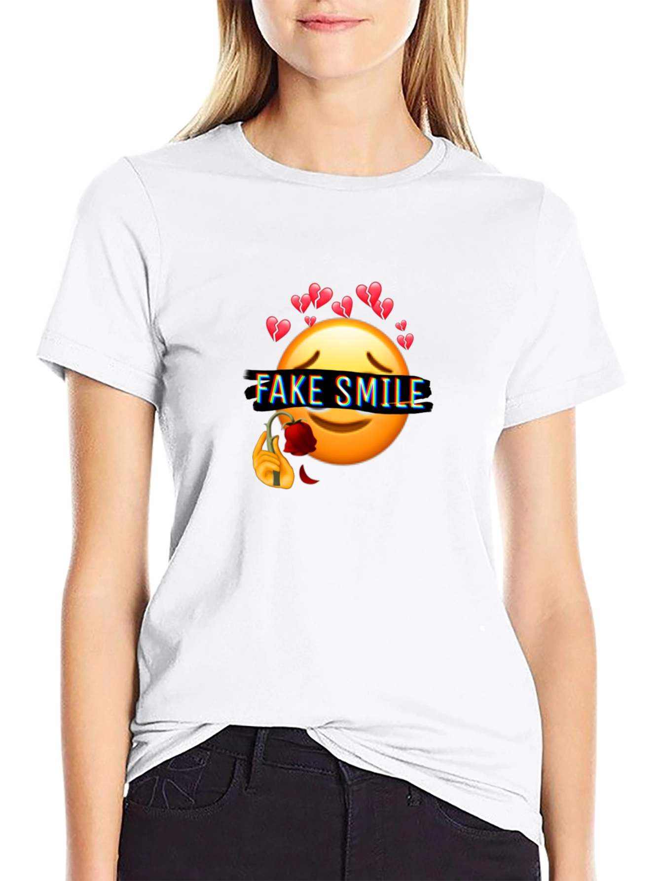 Emo Fake Smile Broken Heart Graphic Black T-Shirt