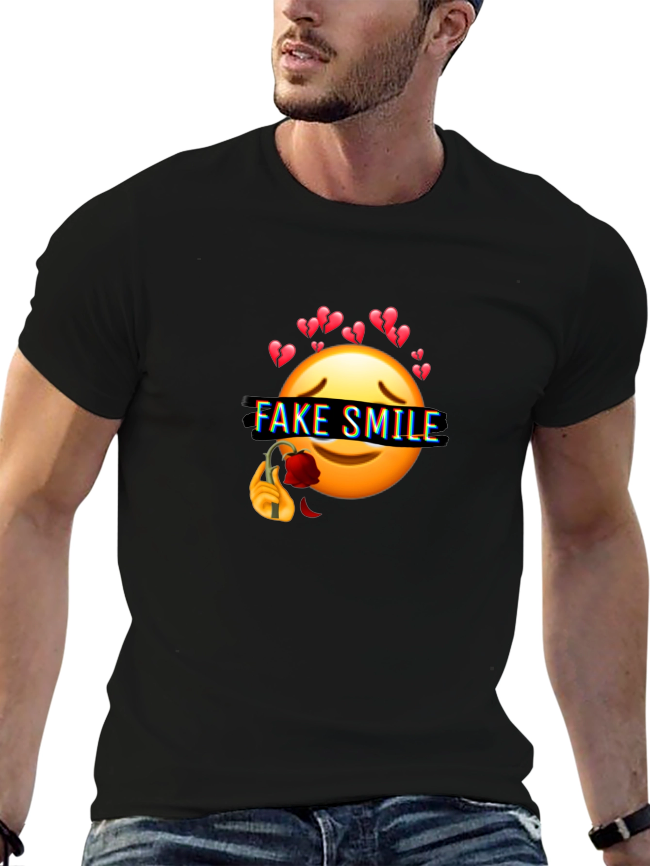 Emo Fake Smile Broken Heart Graphic Black T-Shirt