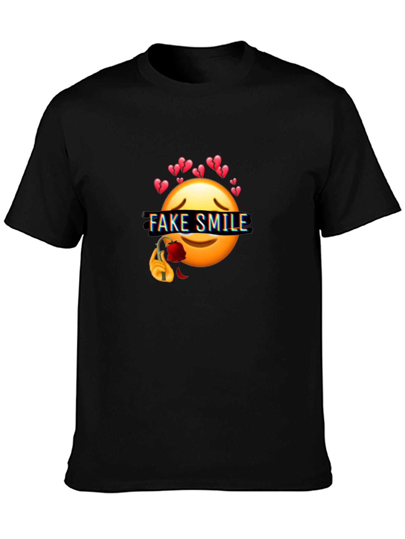 Emo Fake Smile Broken Heart Graphic Black T-Shirt
