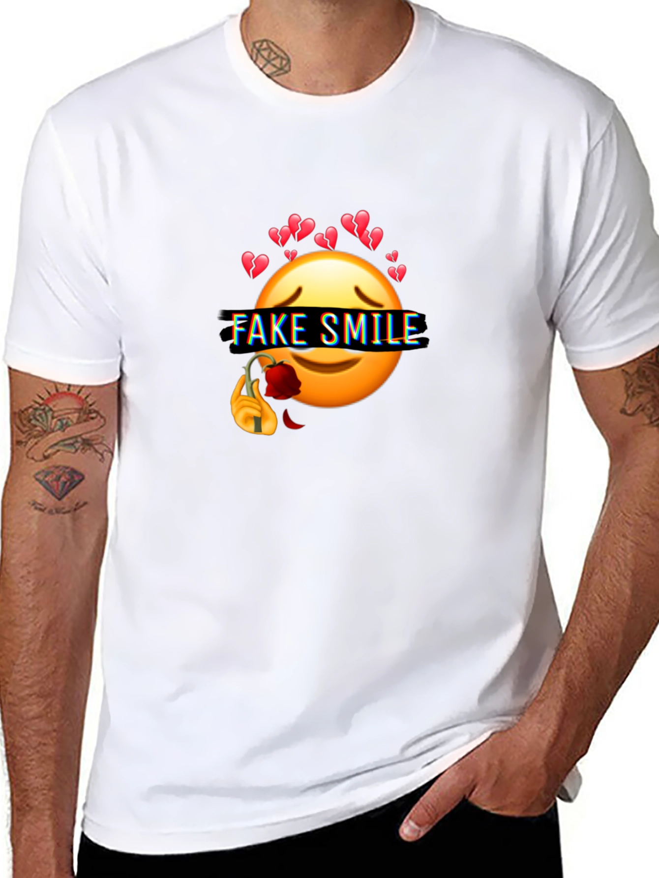 Emo Fake Smile Broken Heart Graphic Black T-Shirt