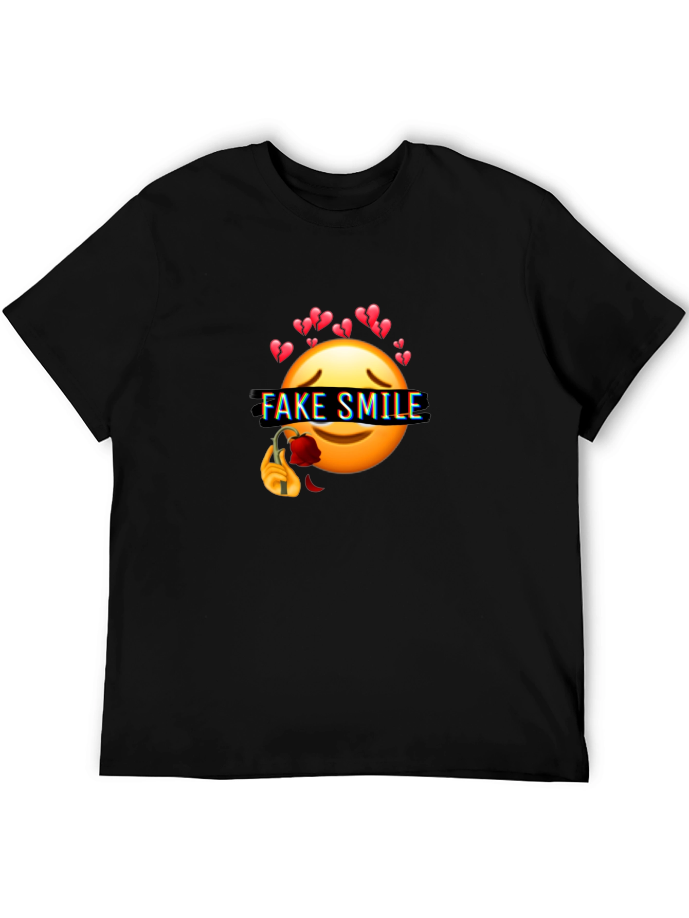 Emo Fake Smile Broken Heart Graphic Black T-Shirt