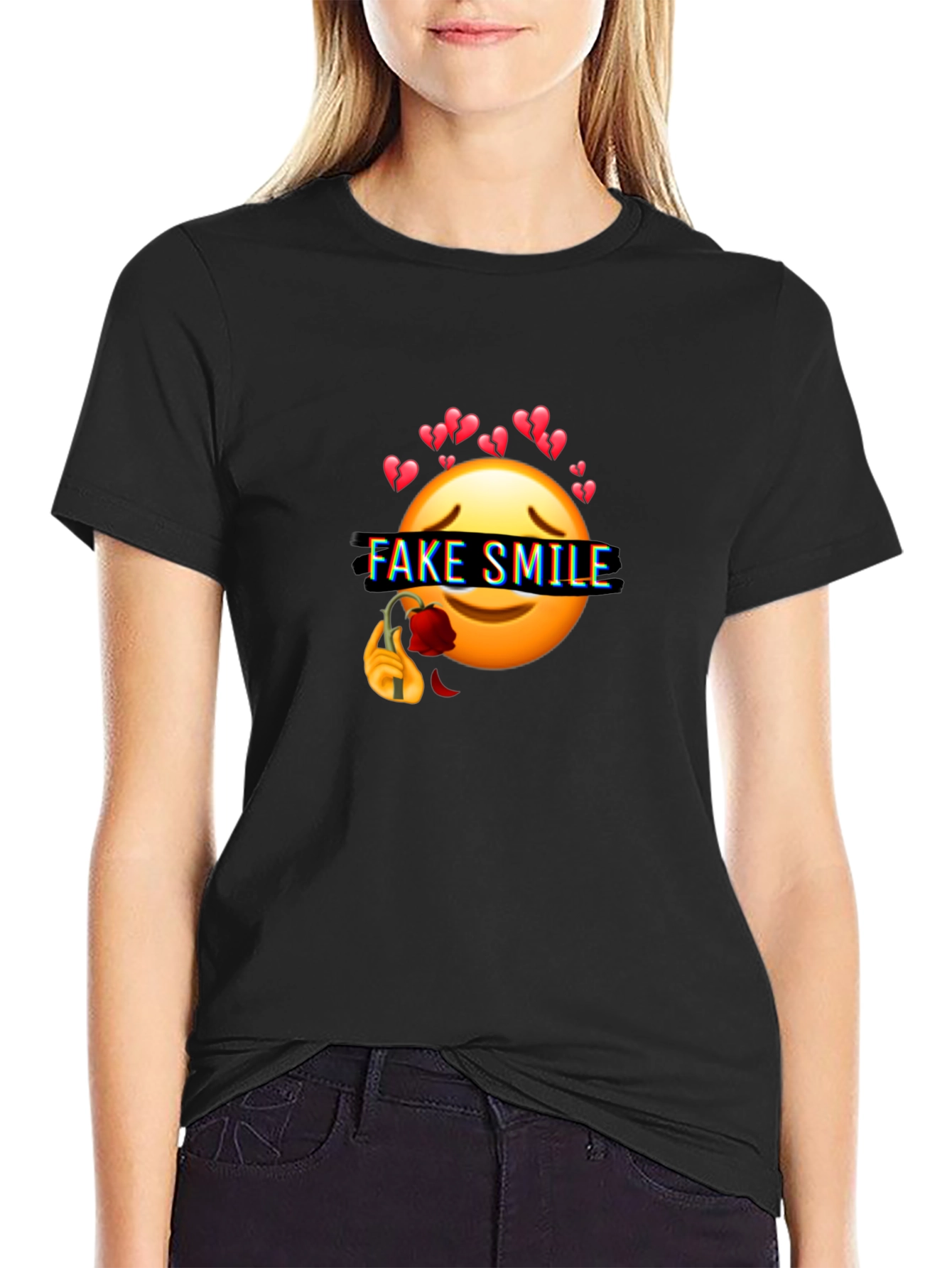 Emo Fake Smile Broken Heart Graphic Black T-Shirt
