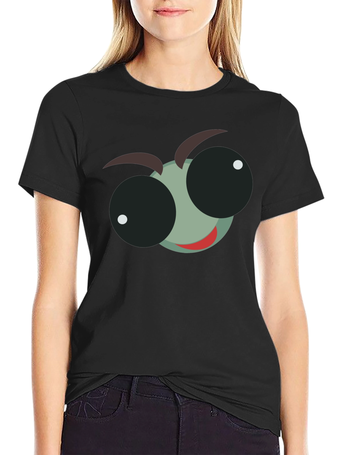 Cartoon Bug Eye Graphic T-Shirt - Black Cotton Tee