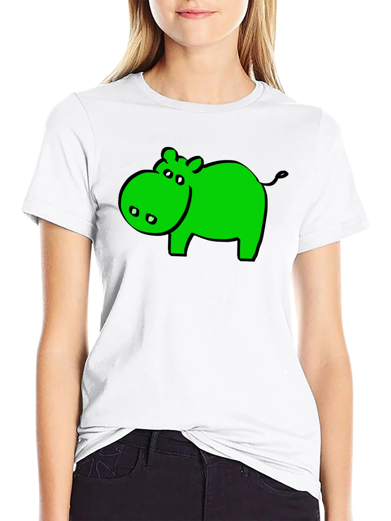 Green Hippo Graphic Black T-Shirt - Casual Wear