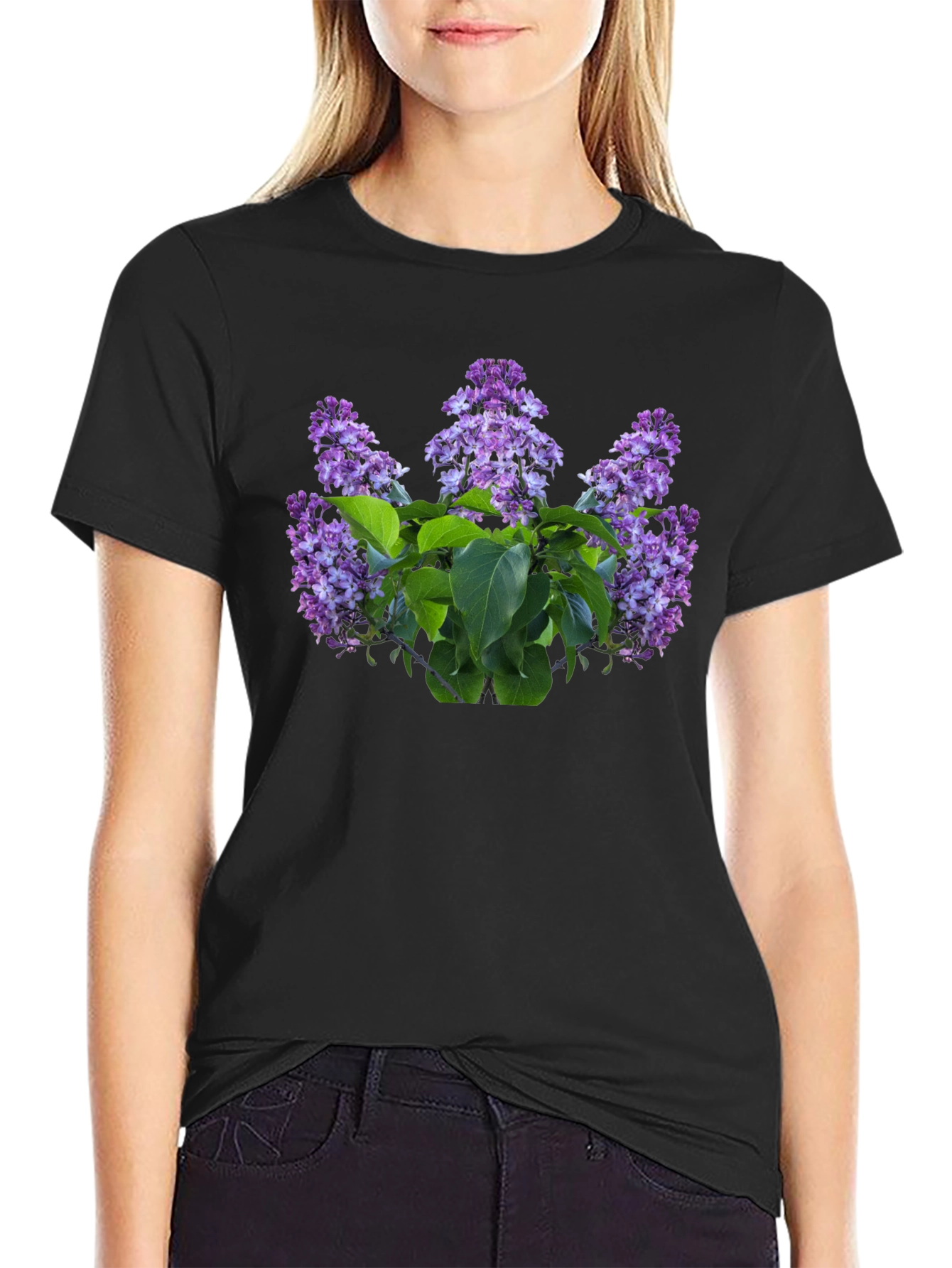Lilac Floral Print Black T-Shirt