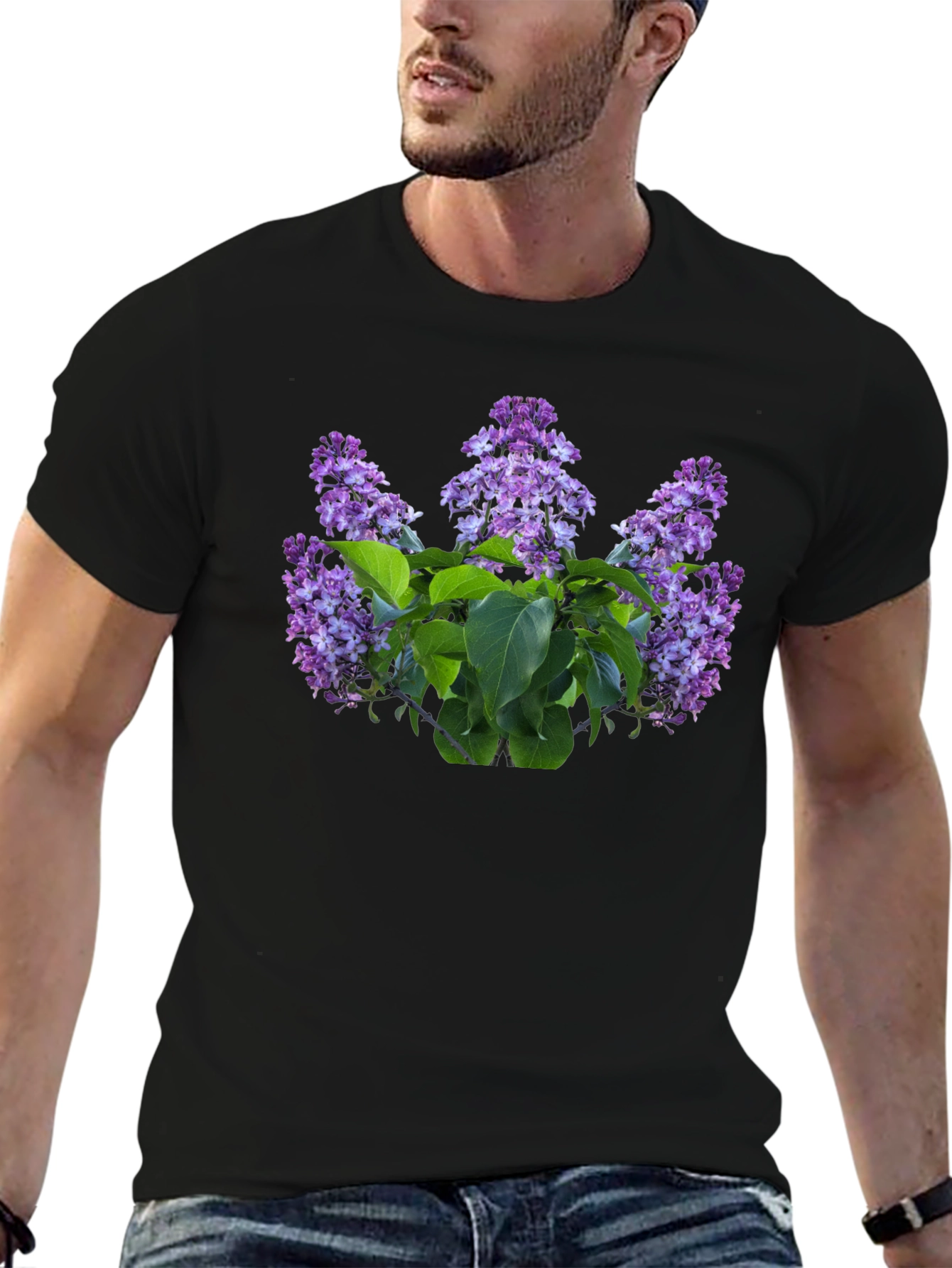 Lilac Floral Print Black T-Shirt